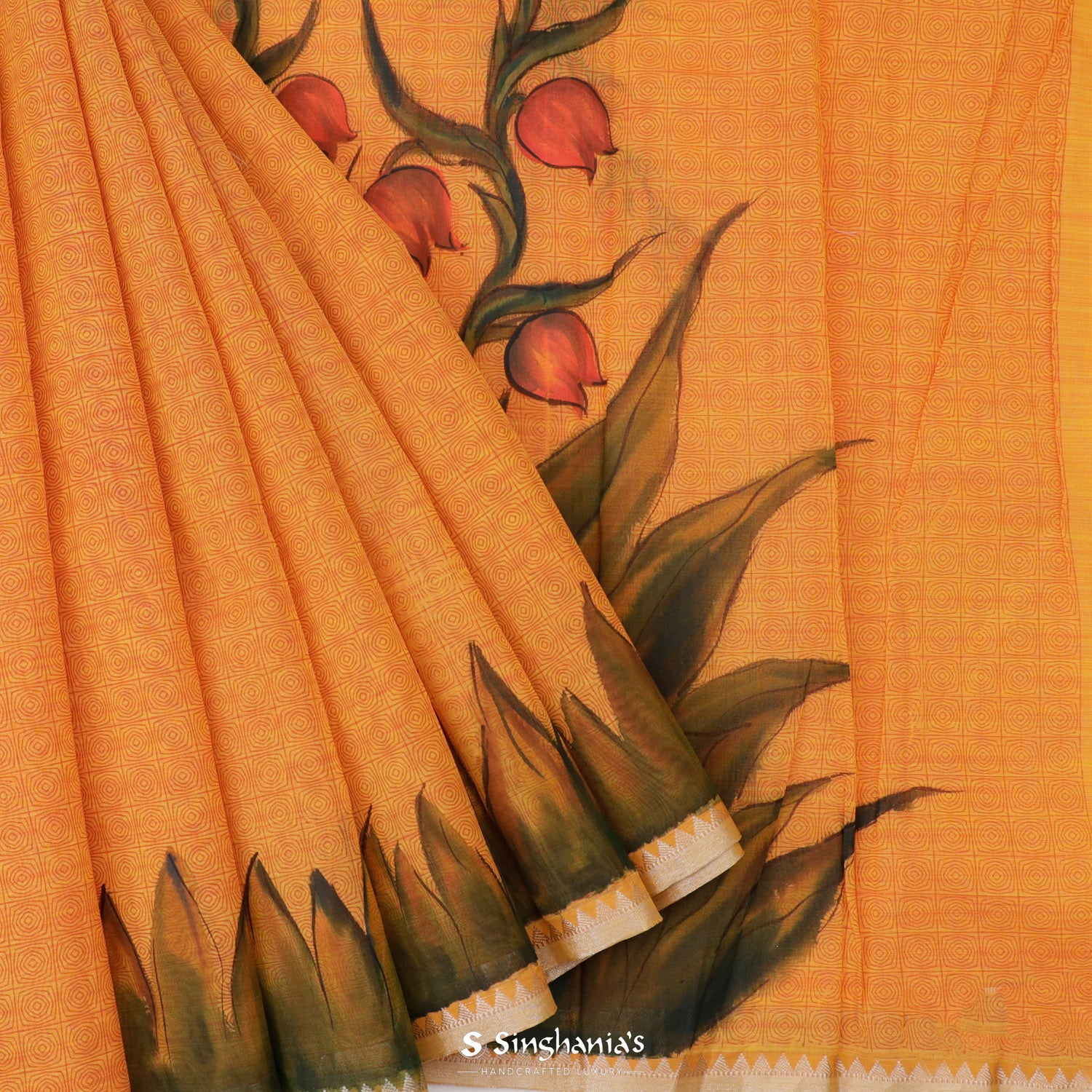Deep Saffron Orange Printed Cotton Saree In Abstract Pattern
