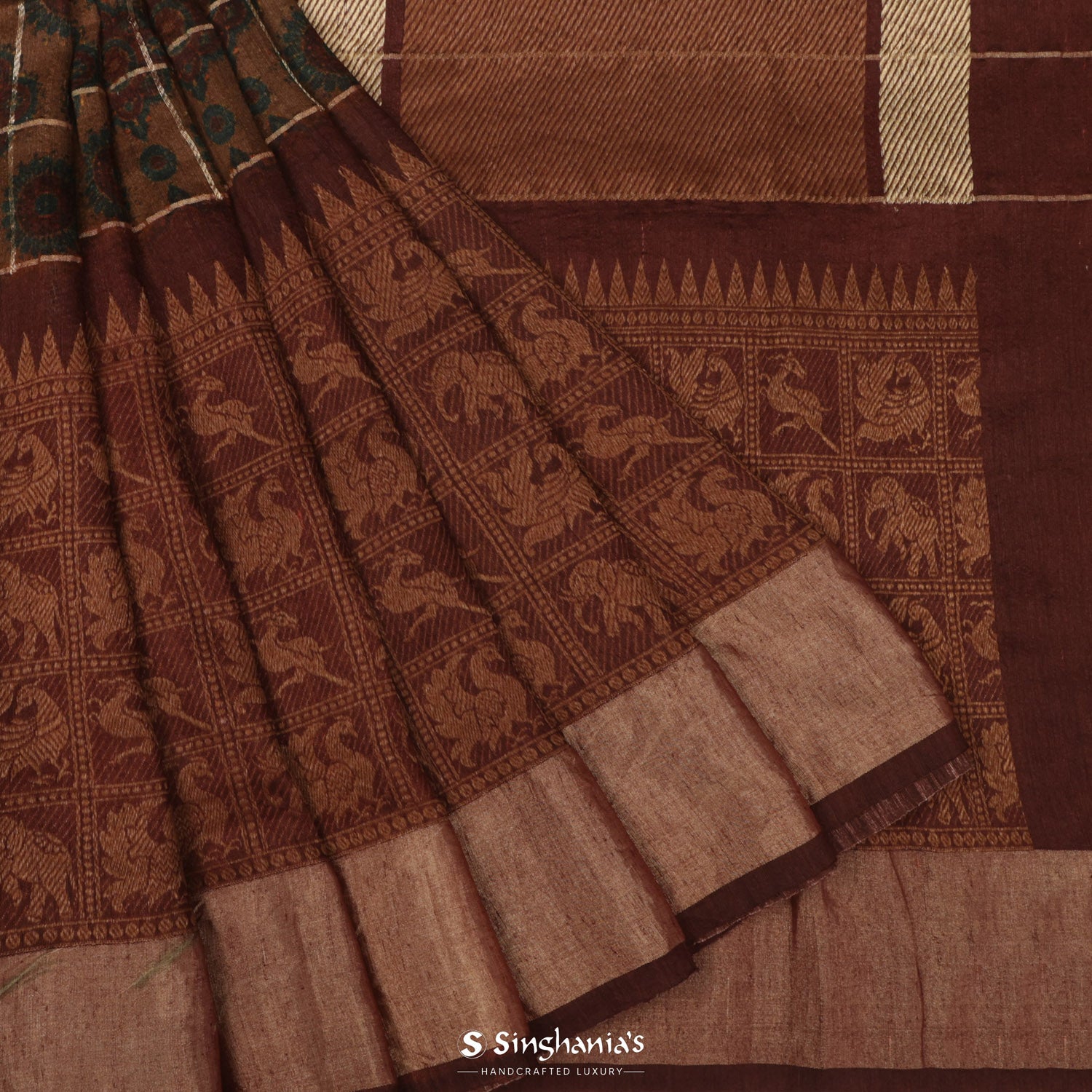 French Beige Brown Ajrakh Print Matka Silk Saree On Checks Pattern