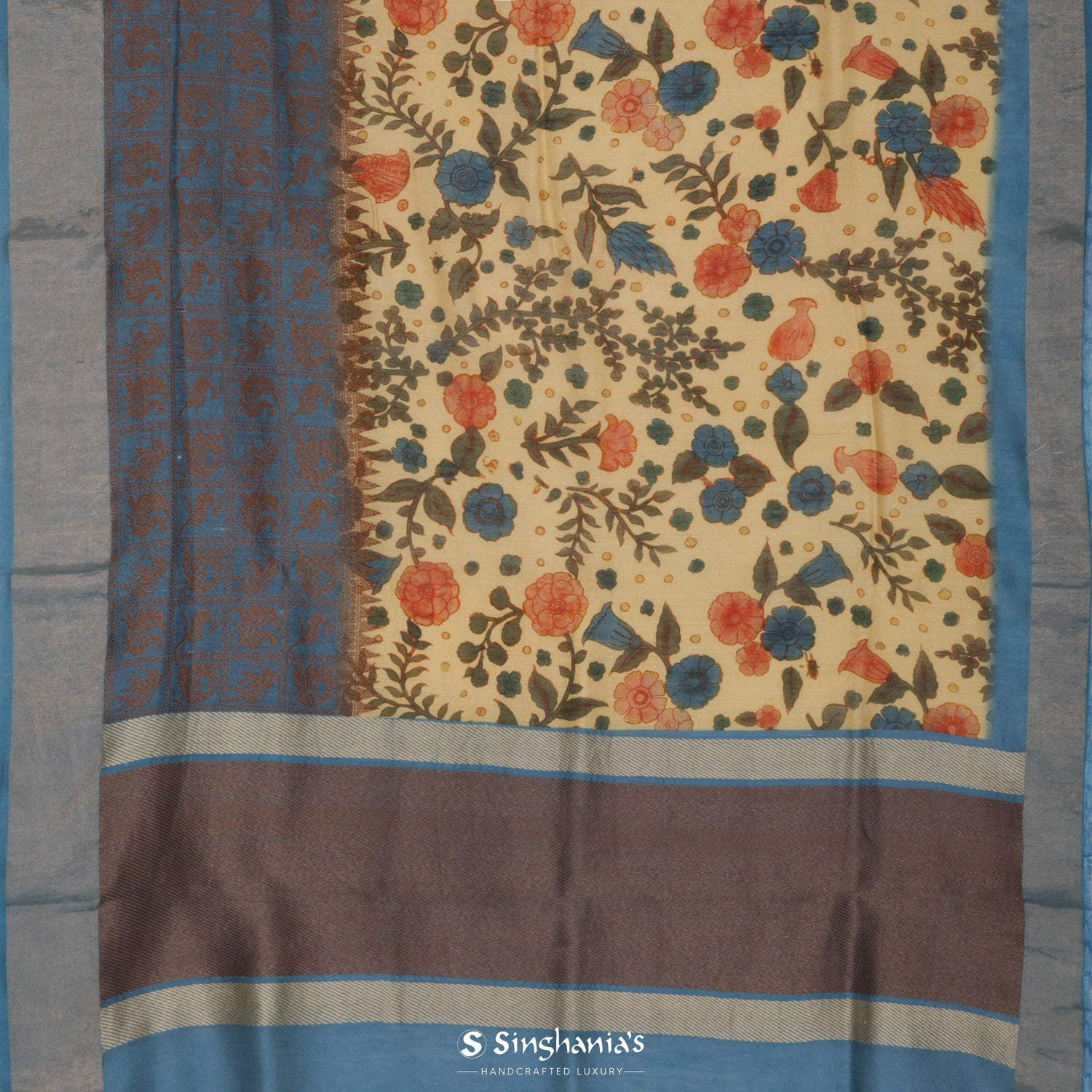 Transparent Yellow Printed Matka Silk Saree With Floral Pattern Has Big Border