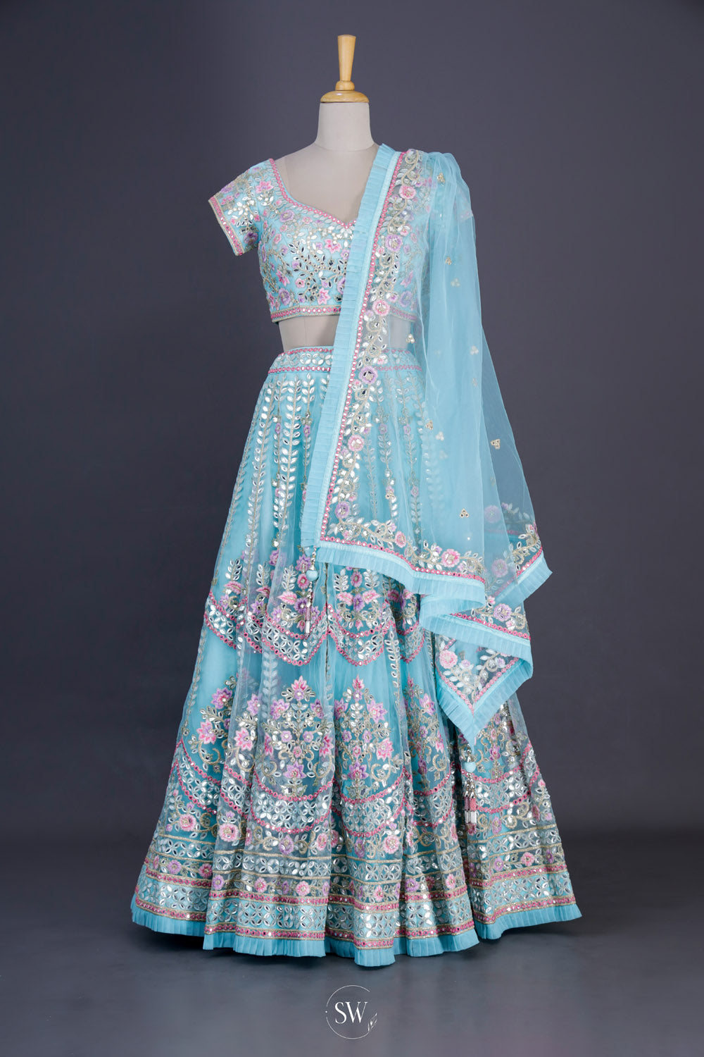 Sky Blue Net Lehenga Set With Gota Patti Detailing