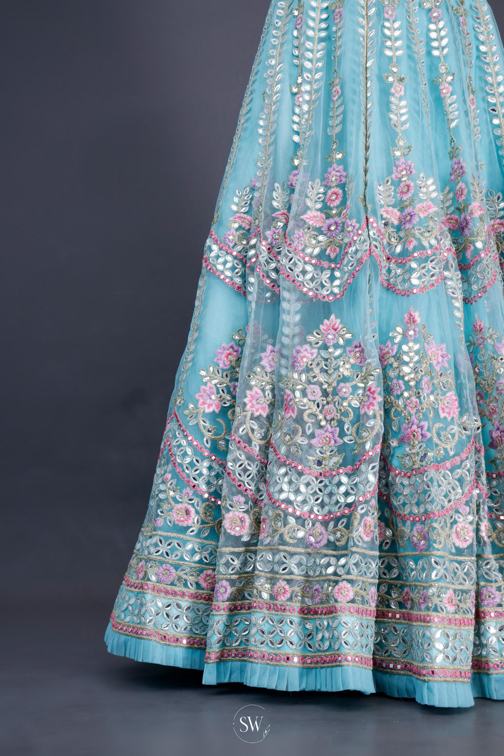 Sky Blue Net Lehenga Set With Gota Patti Detailing