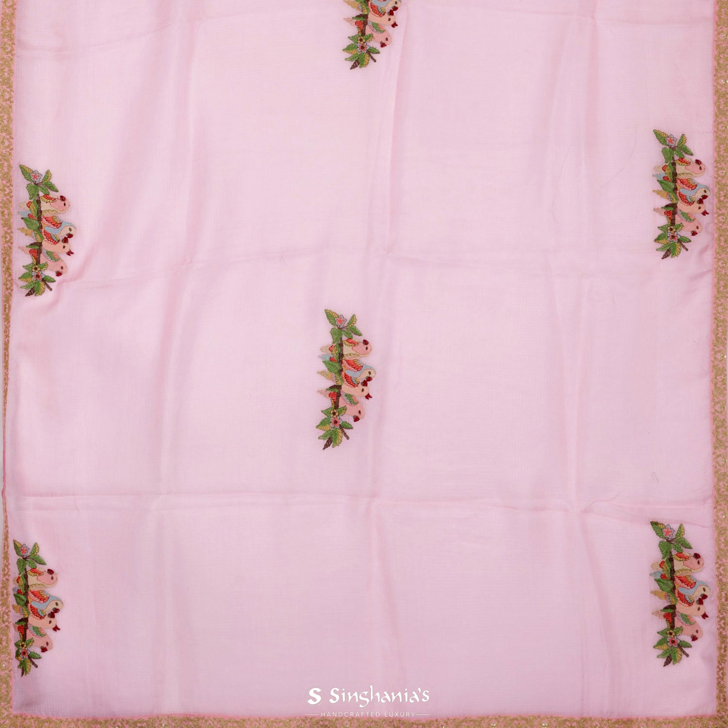 Bright Pink Kota Silk Saree With Thread Embroidery