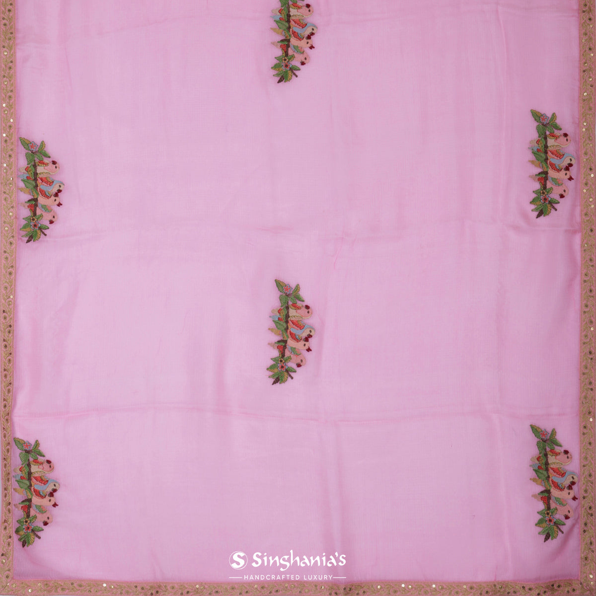 Flamingo Pink Kota Silk Saree With Bird Pattern With Thread Embroidery