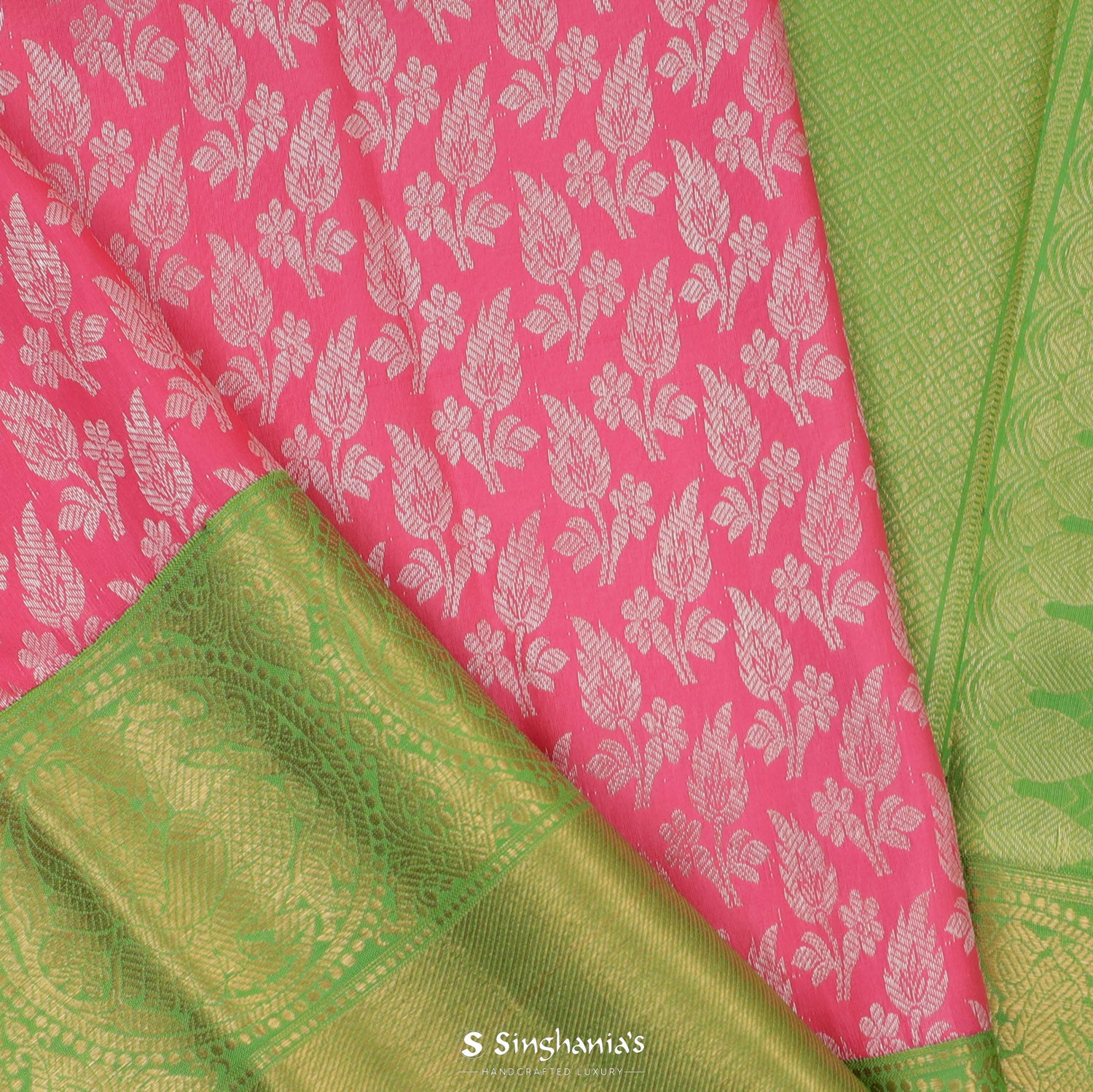 Ruby Pink Kanjivaram Silk Saree With Floral Jaal Pattern