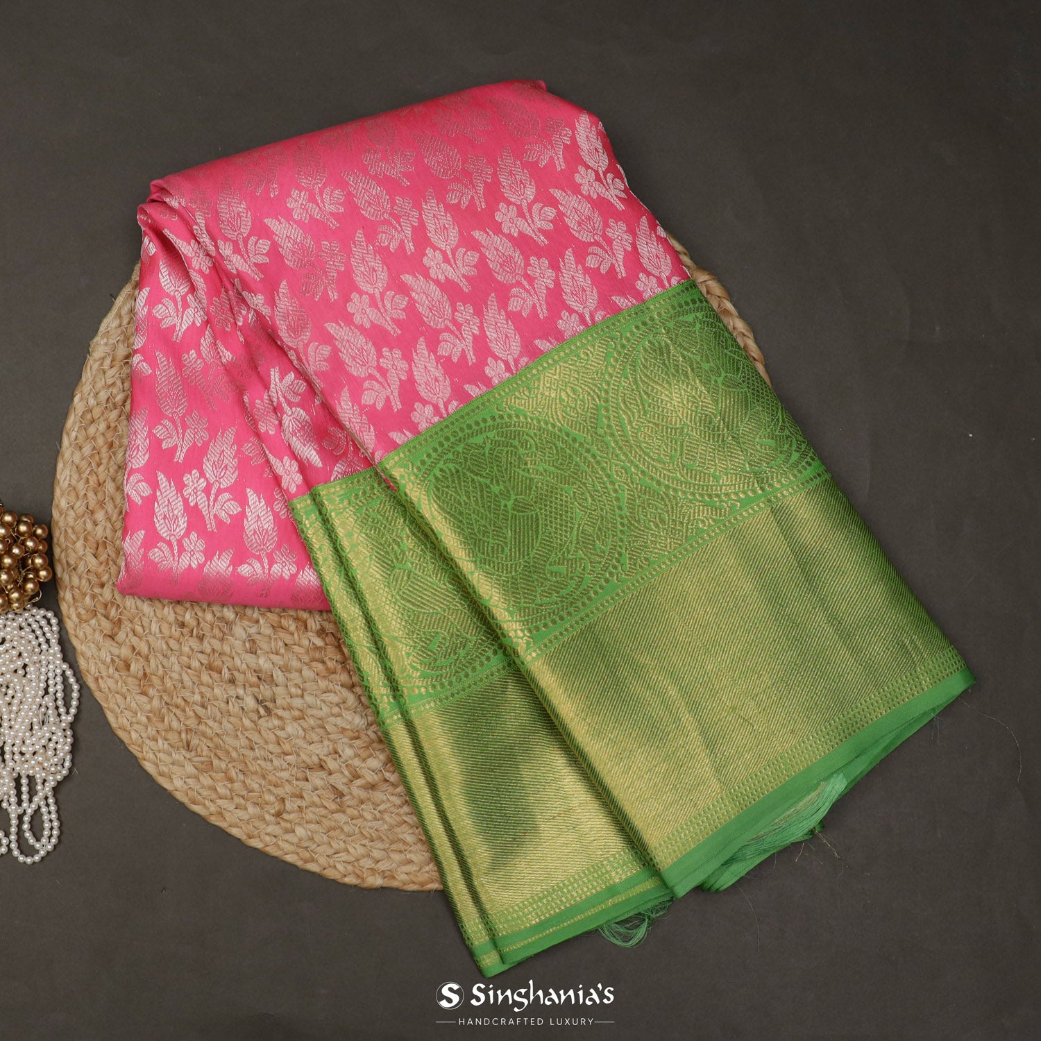 Ruby Pink Kanjivaram Silk Saree With Floral Jaal Pattern
