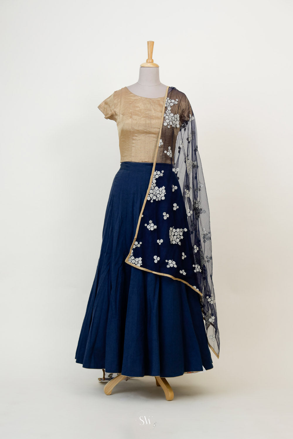 Gold Blue Raw Silk Lehenga Set With Embroidery Dupatta
