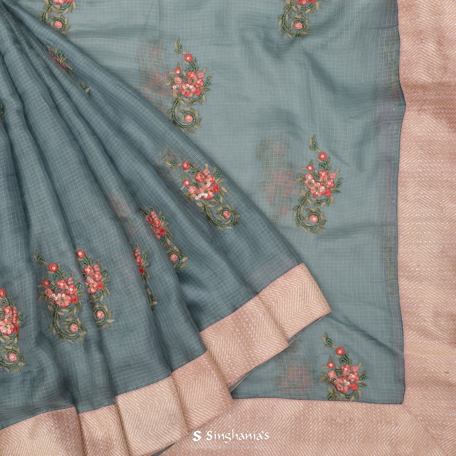 Light Slate Gray Kota Silk Saree With Floral Embroidery