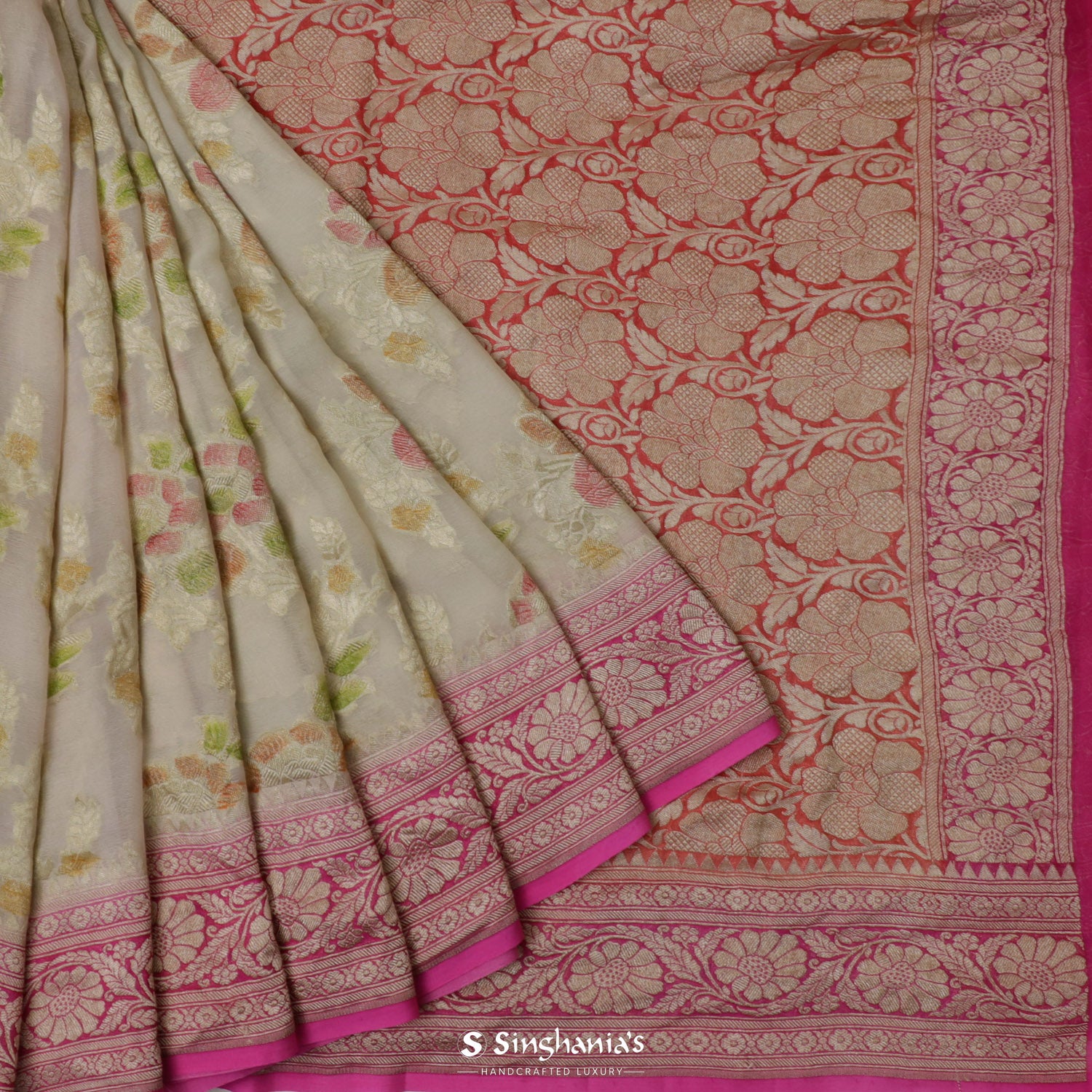 Old Lace Cream Georgette Saree With Banarasi Weaving