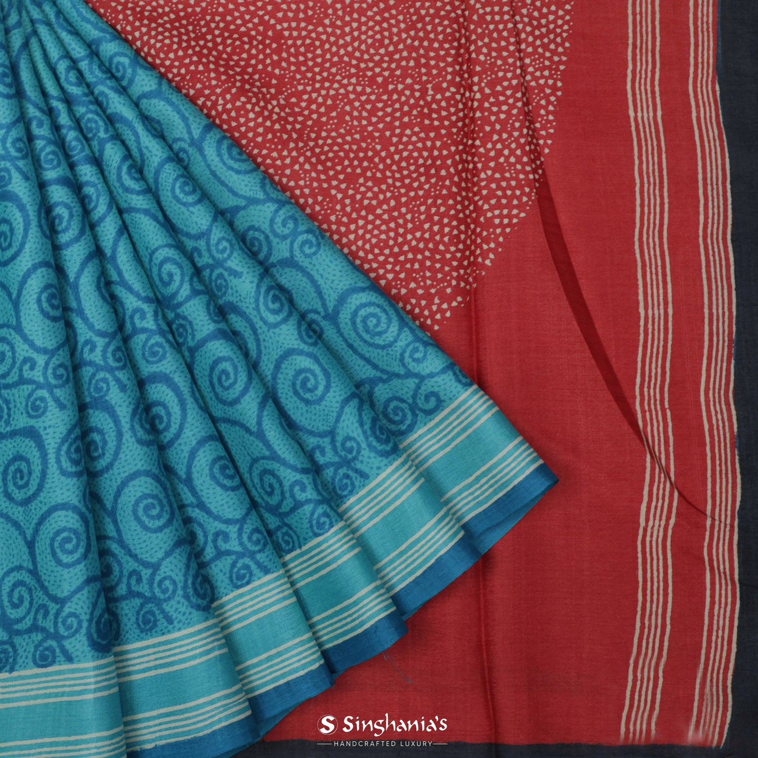 Aquamarine Blue Printed Tussar Saree With Floral Pattern