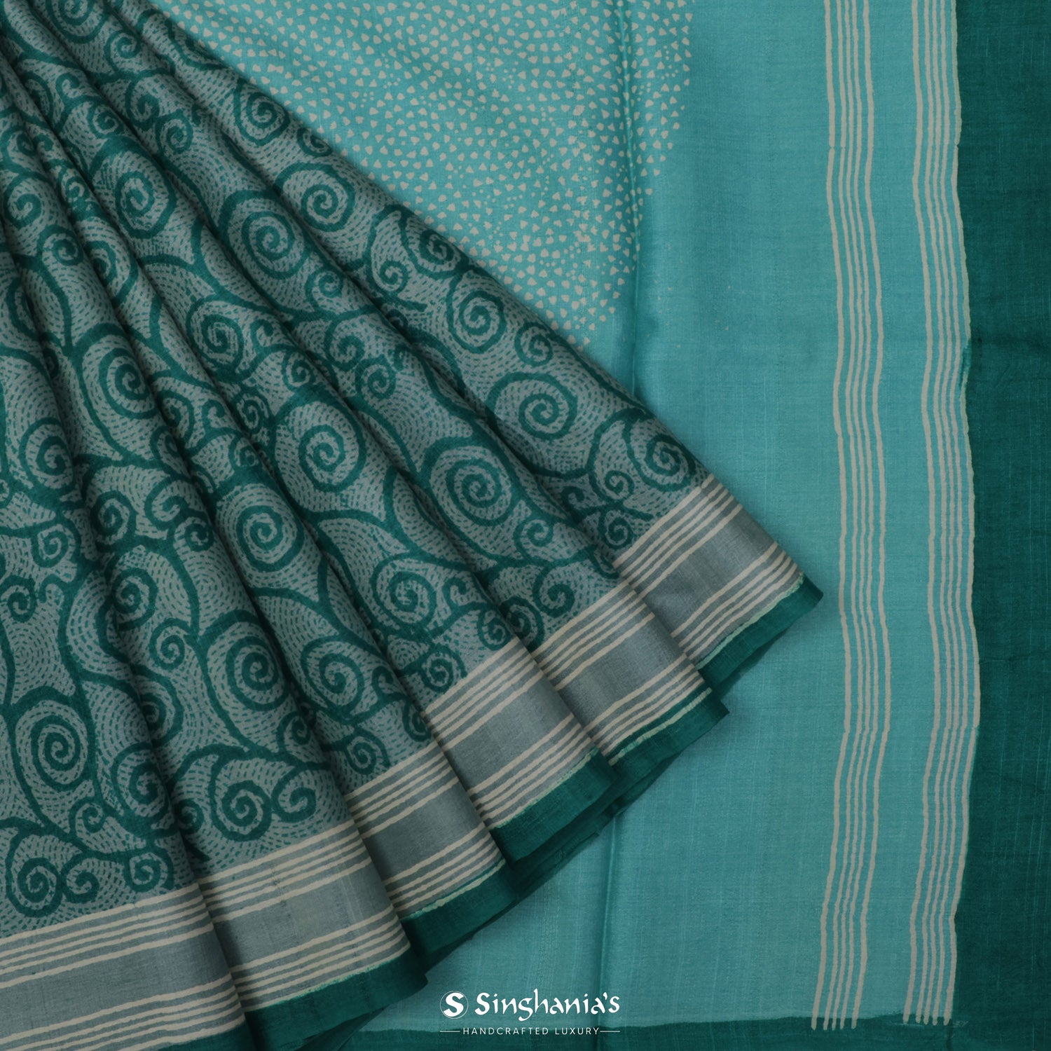 Light Turquoise Blue Tussar Silk Saree With Floral Printed Pattern