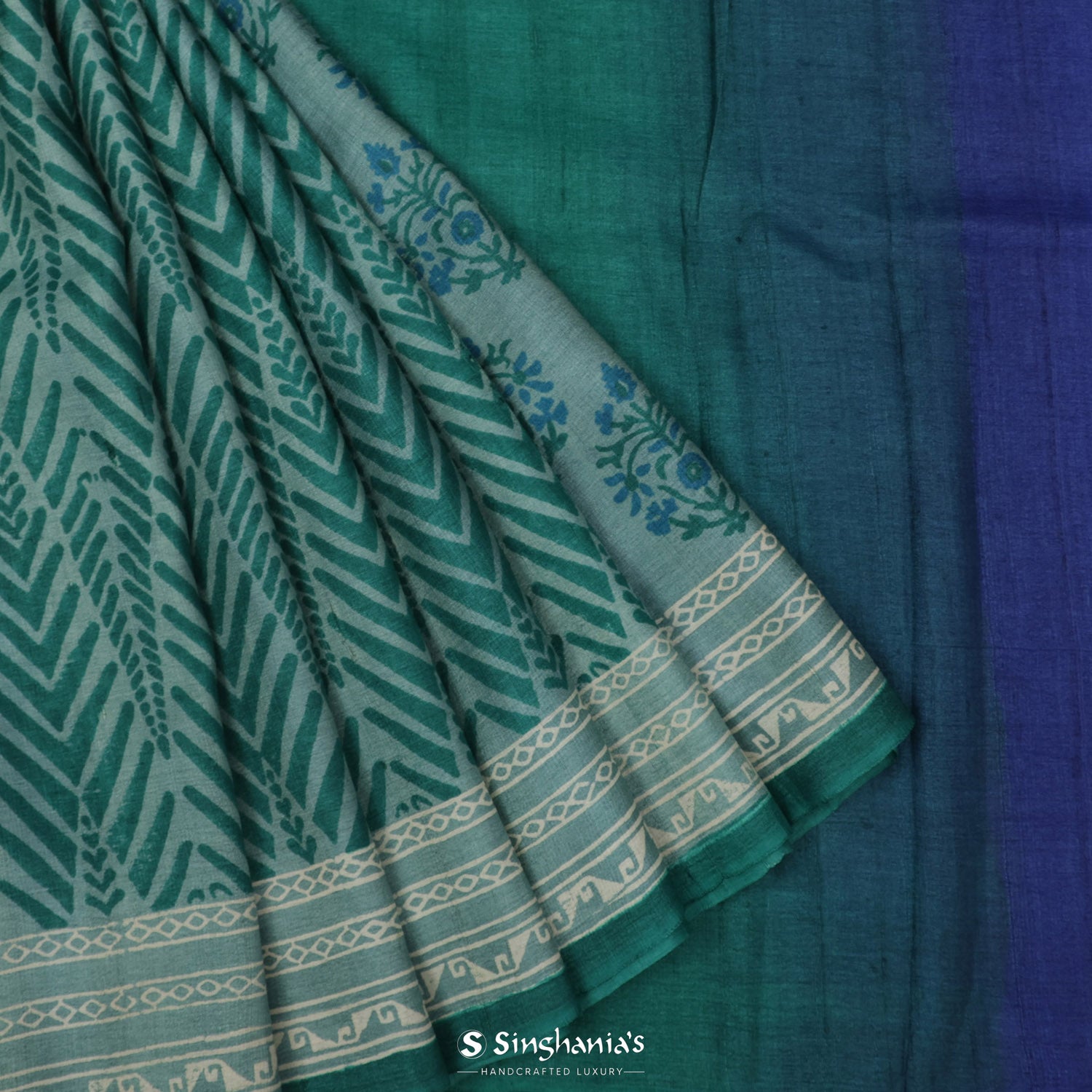 Paris White Tussar Silk Saree With Printed Leaves- Butti Pattern