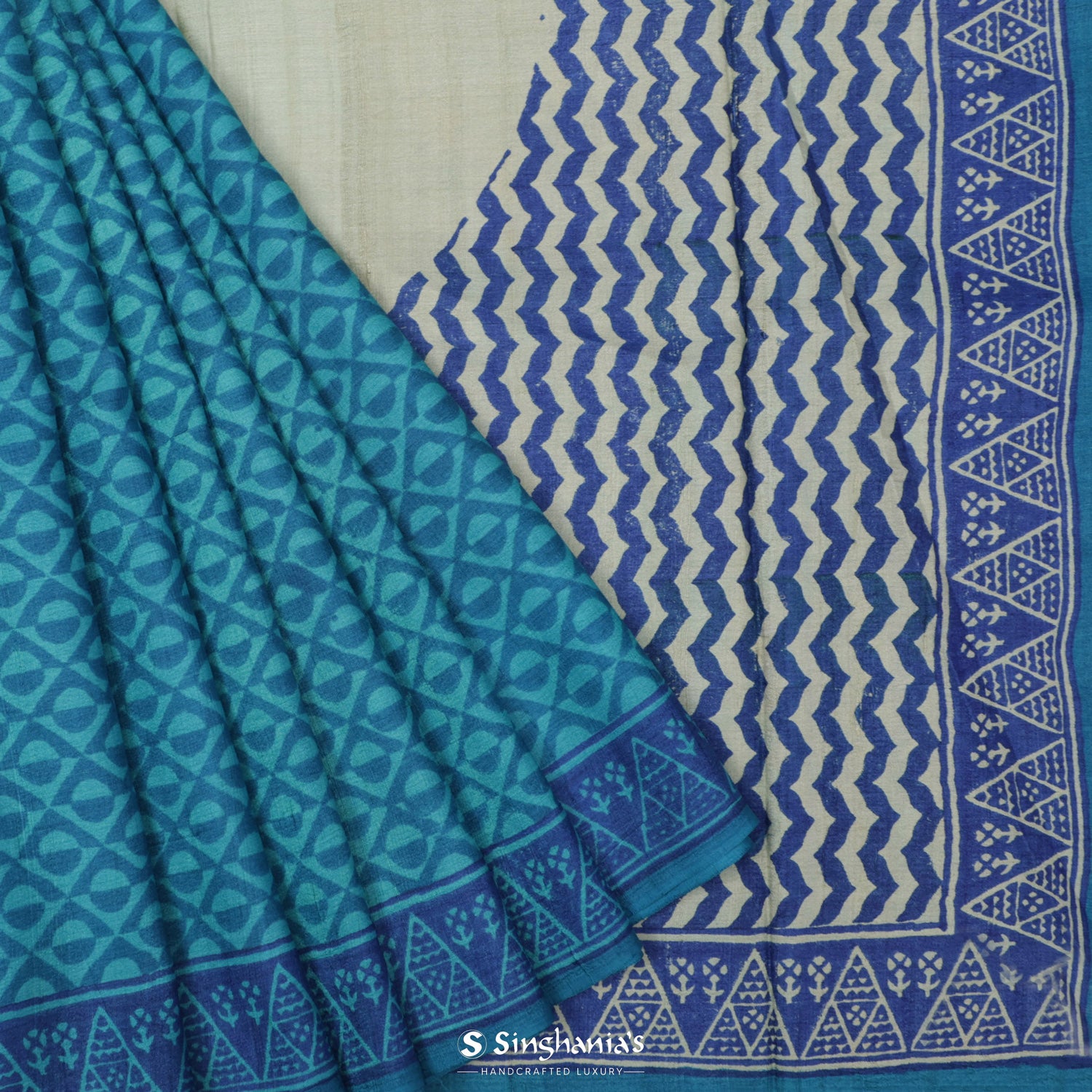 Aquamarine Blue Tussar Silk Saree With Printed Geometrical Pattern