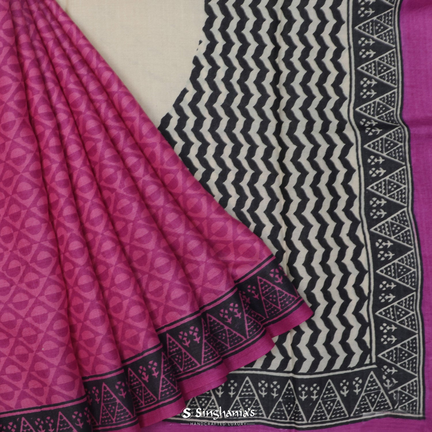 Steel Pink Printed Tussar Saree With Abstract Pattern