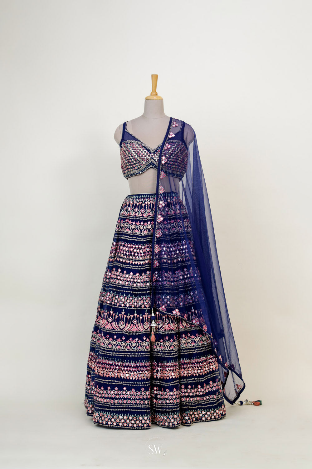 Deep Blue Net Lehenga Set With Threadwork Detailing