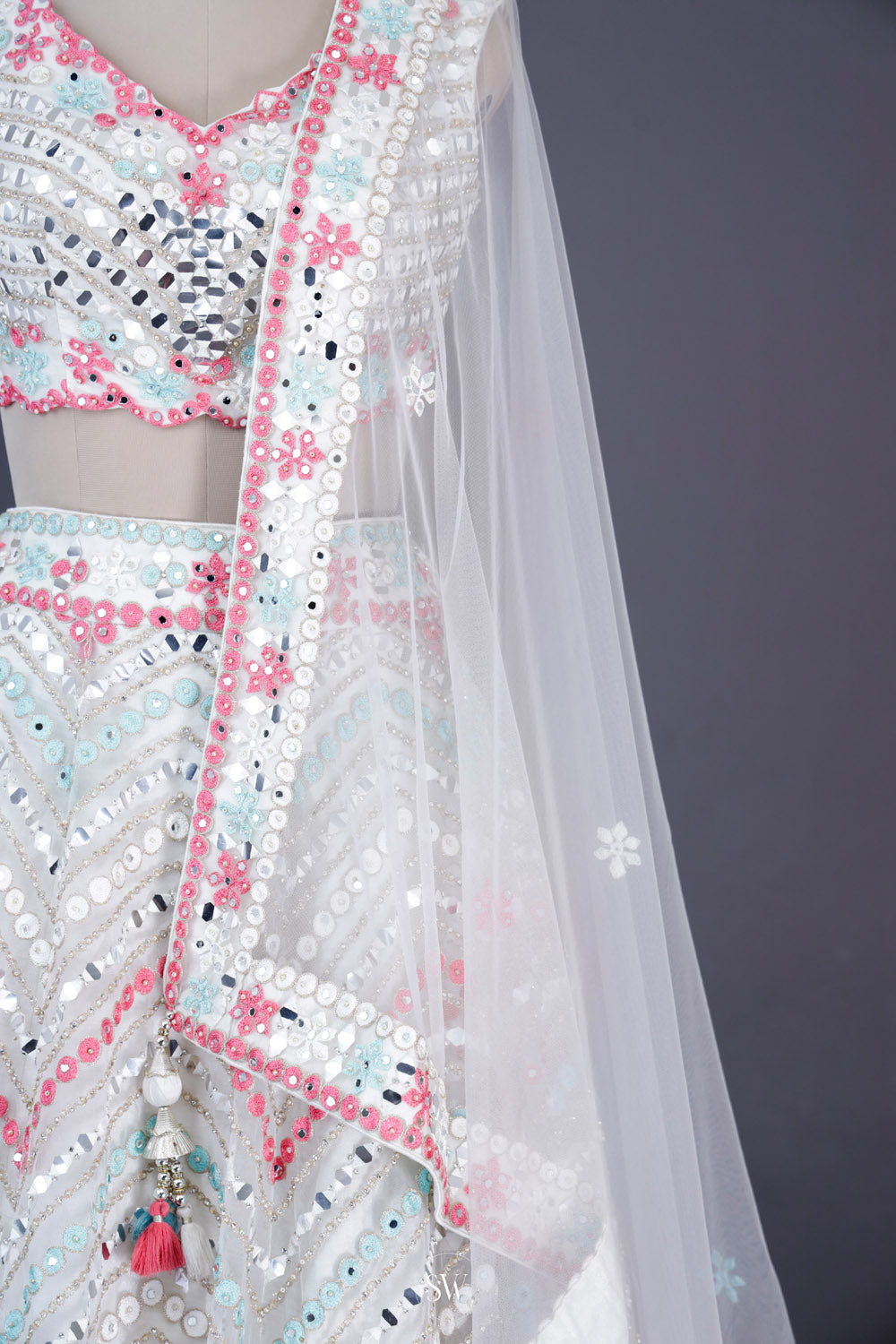 Paper White Net Lehenga Set With Threadwork Detailing