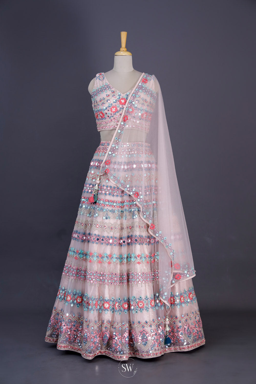 Pale Pink Net Lehenga Set With Mirror Work Detailing