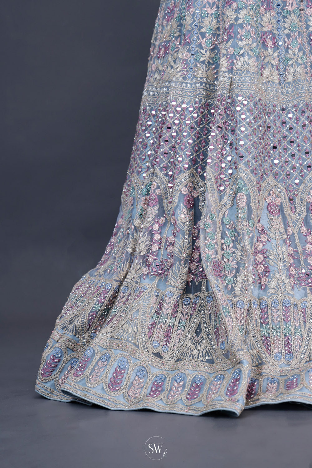 Pale Blue Net Lehenga Set With Mirror Work Detailing