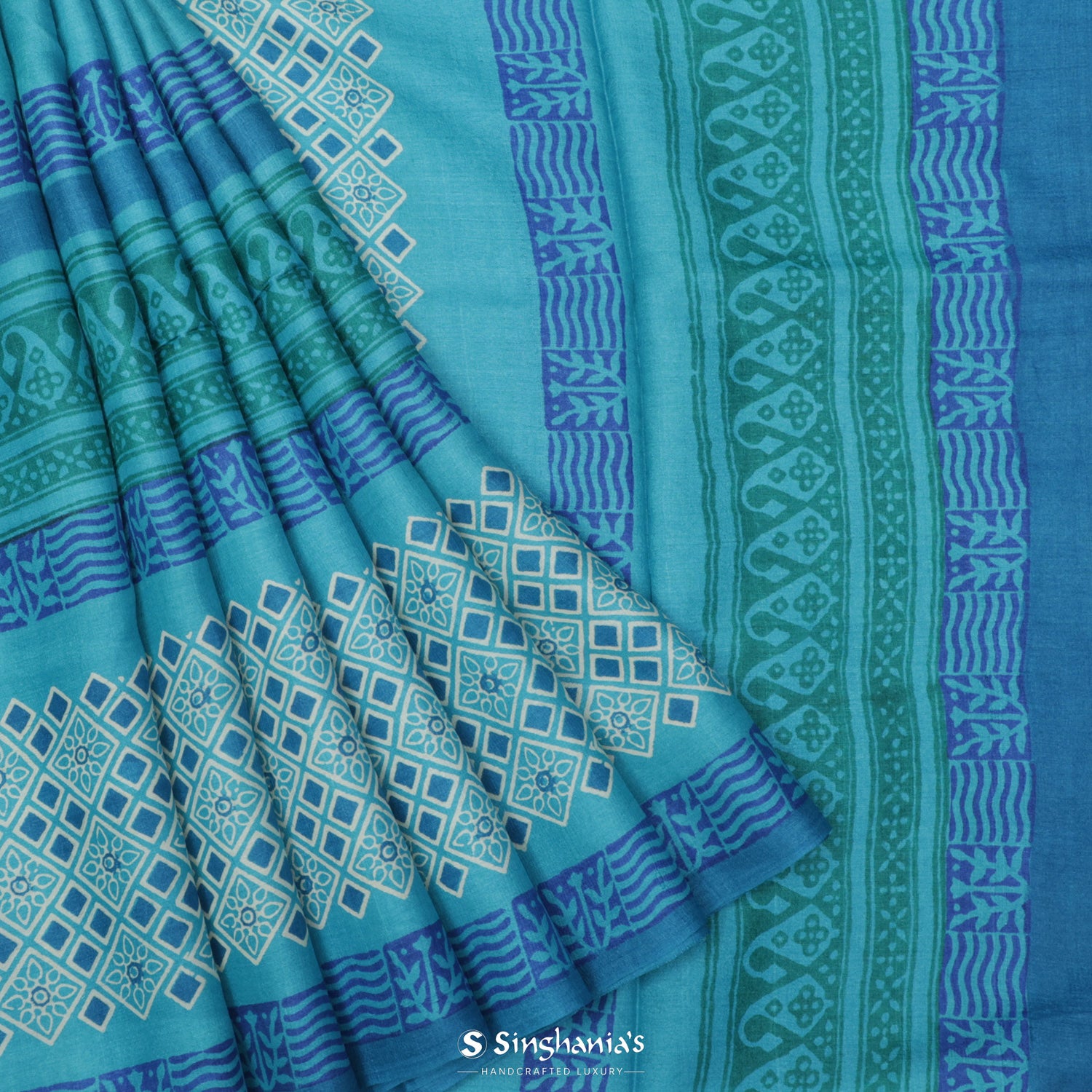 Aquamarine Blue Tussar Silk Saree With Printed Abstract Printed Pattern