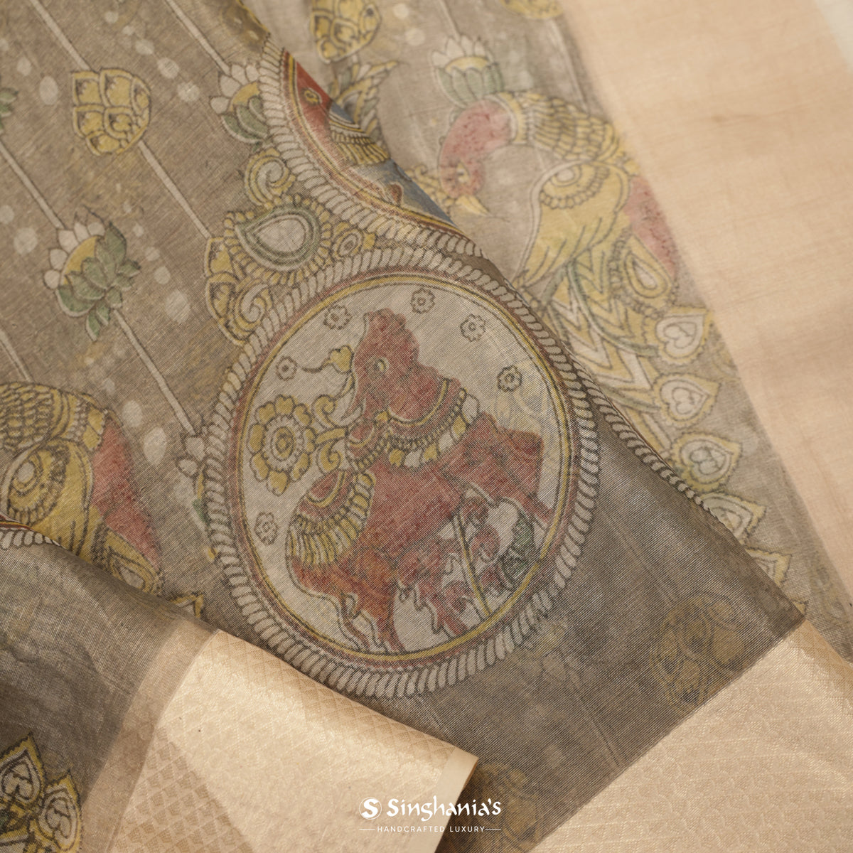Deep Gray Printed Tissue Saree With Kalamkari Inspired Pattern