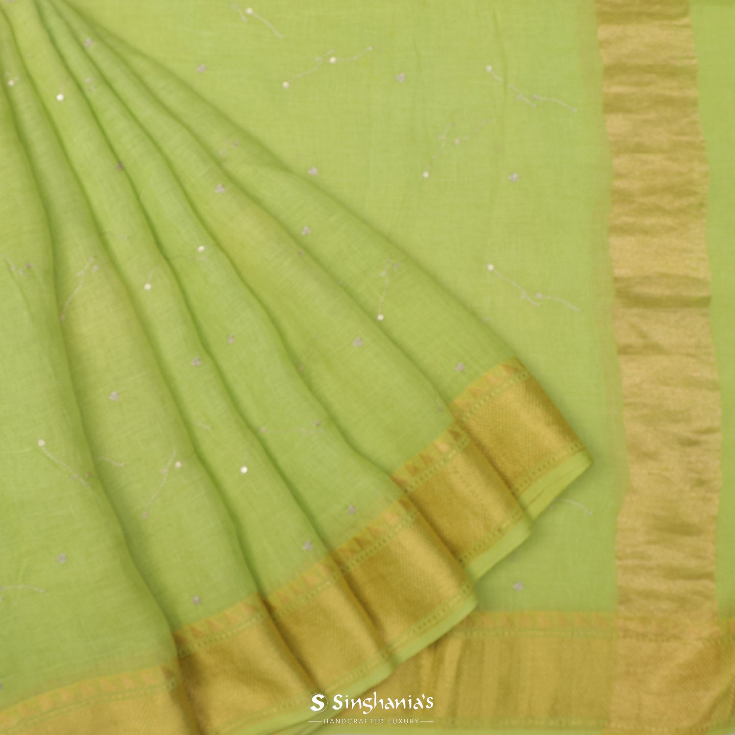 Arctic Lime Green Linen Saree With Zari Embroidery