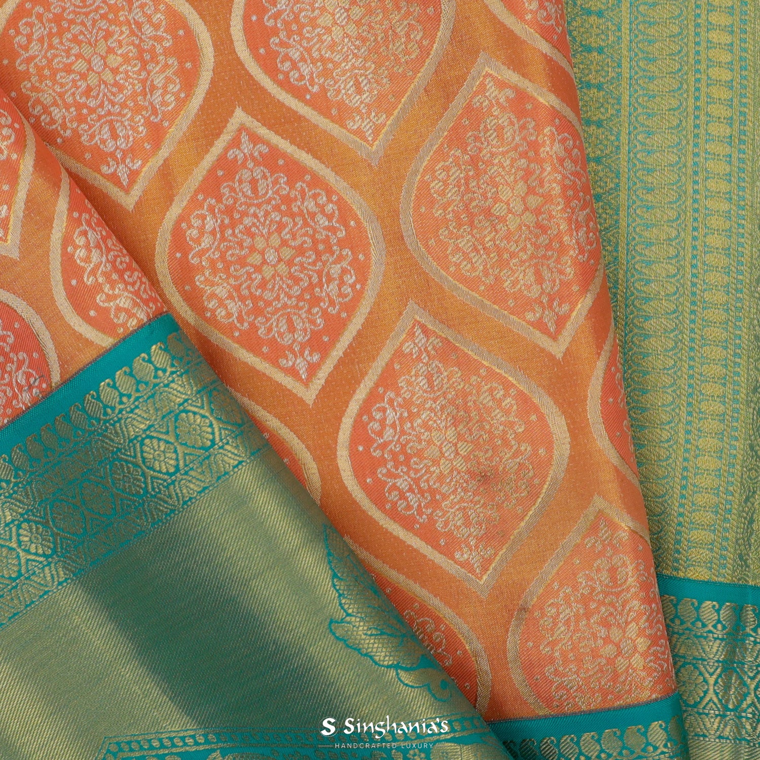 Sunrise Orange Kanjivaram Silk Saree With Floral Ogive Pattern