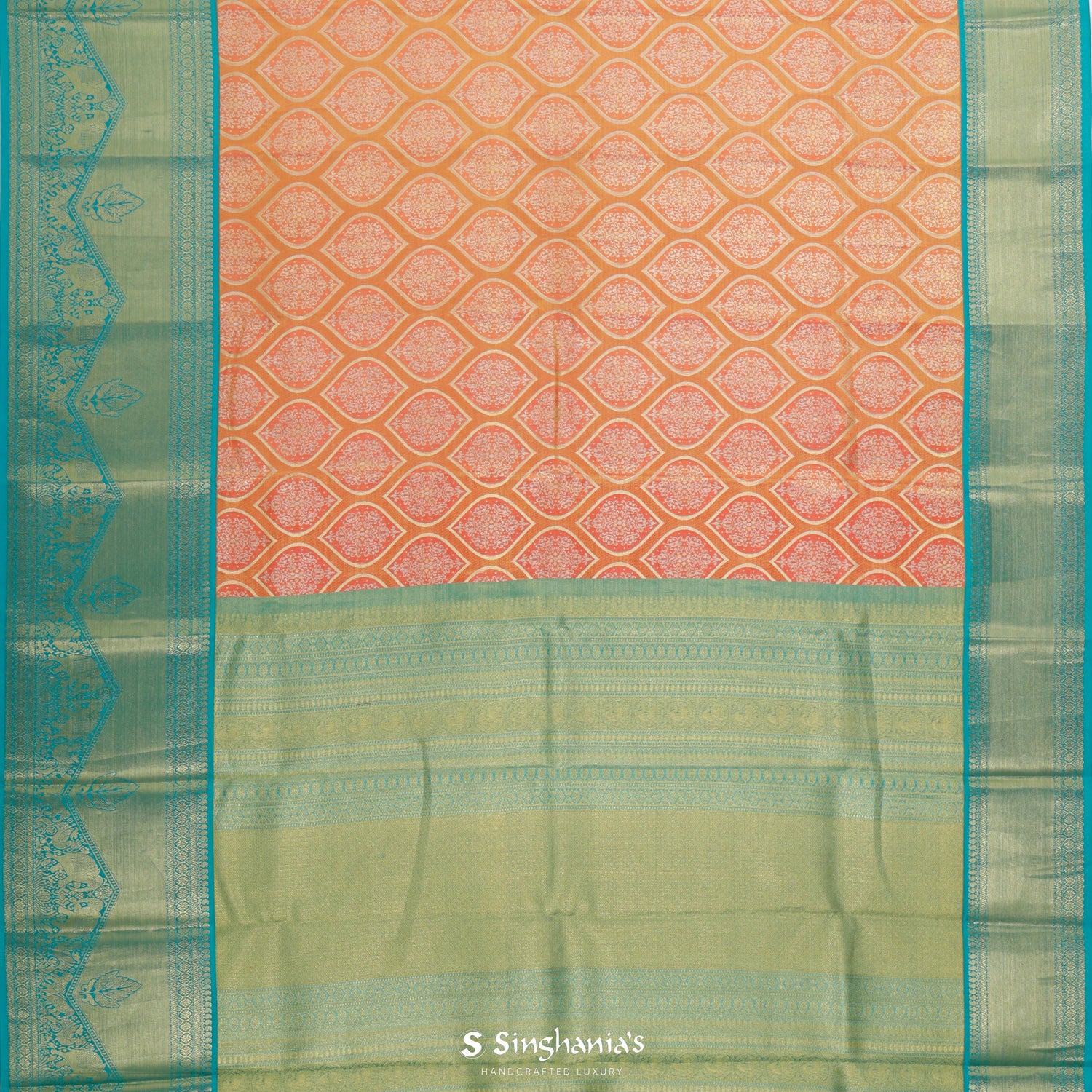 Sunrise Orange Kanjivaram Silk Saree With Floral Ogive Pattern