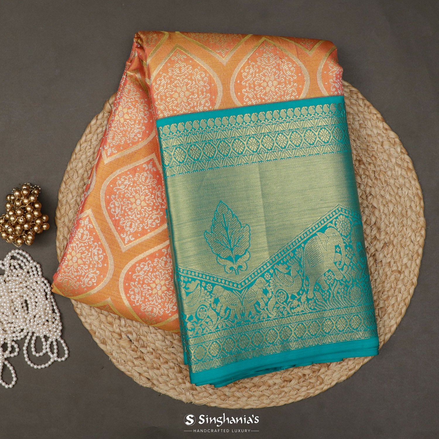 Sunrise Orange Kanjivaram Silk Saree With Floral Ogive Pattern