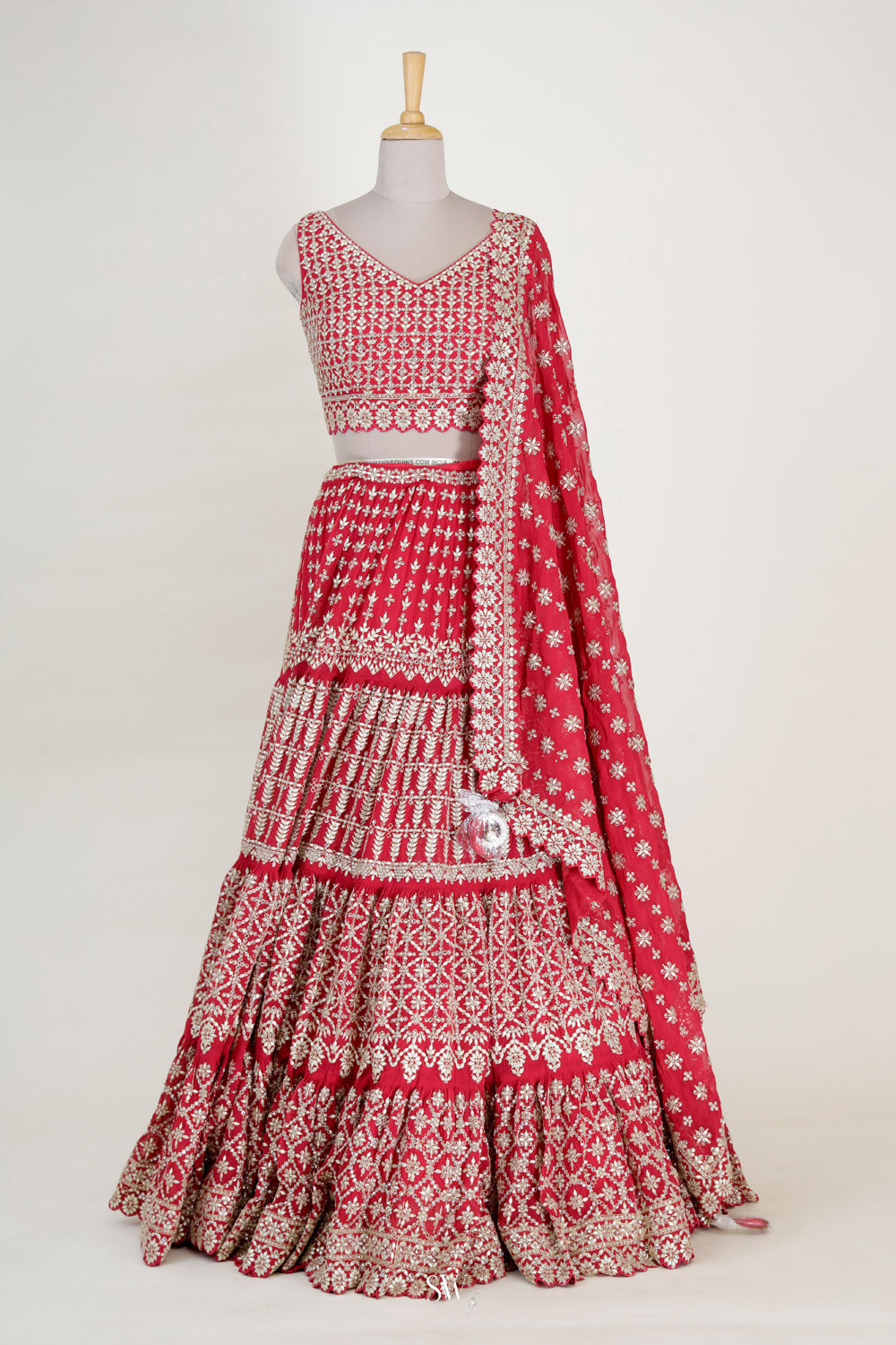Raspberry Red Silk Lehenga Set With Gota Patti Embroidery