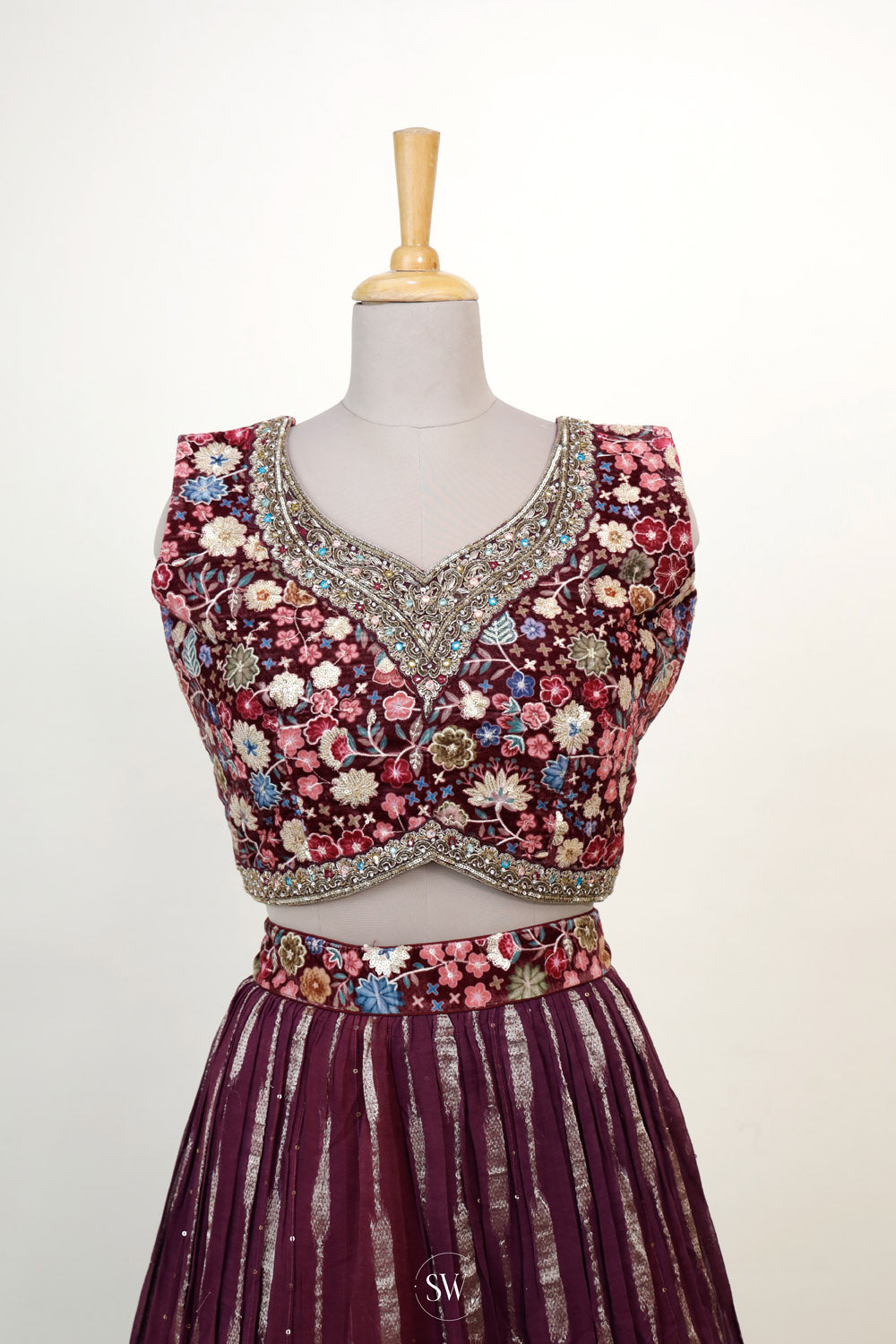 Wine Purple Silk Lehenga Set With Floral Embroidery