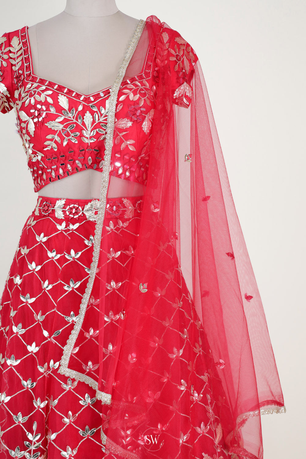 Deep Red Organza Lehenga Set With Gota Patti Detailings