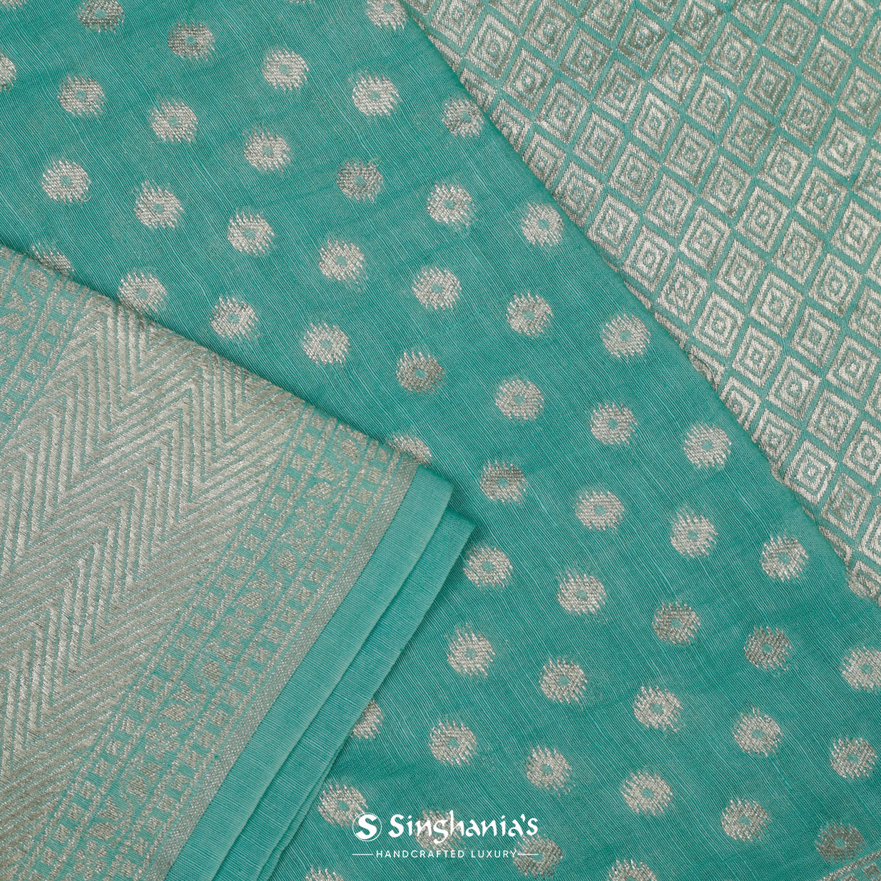 Medium Turquoise Blue Lenin Saree With Banarasi Weaving