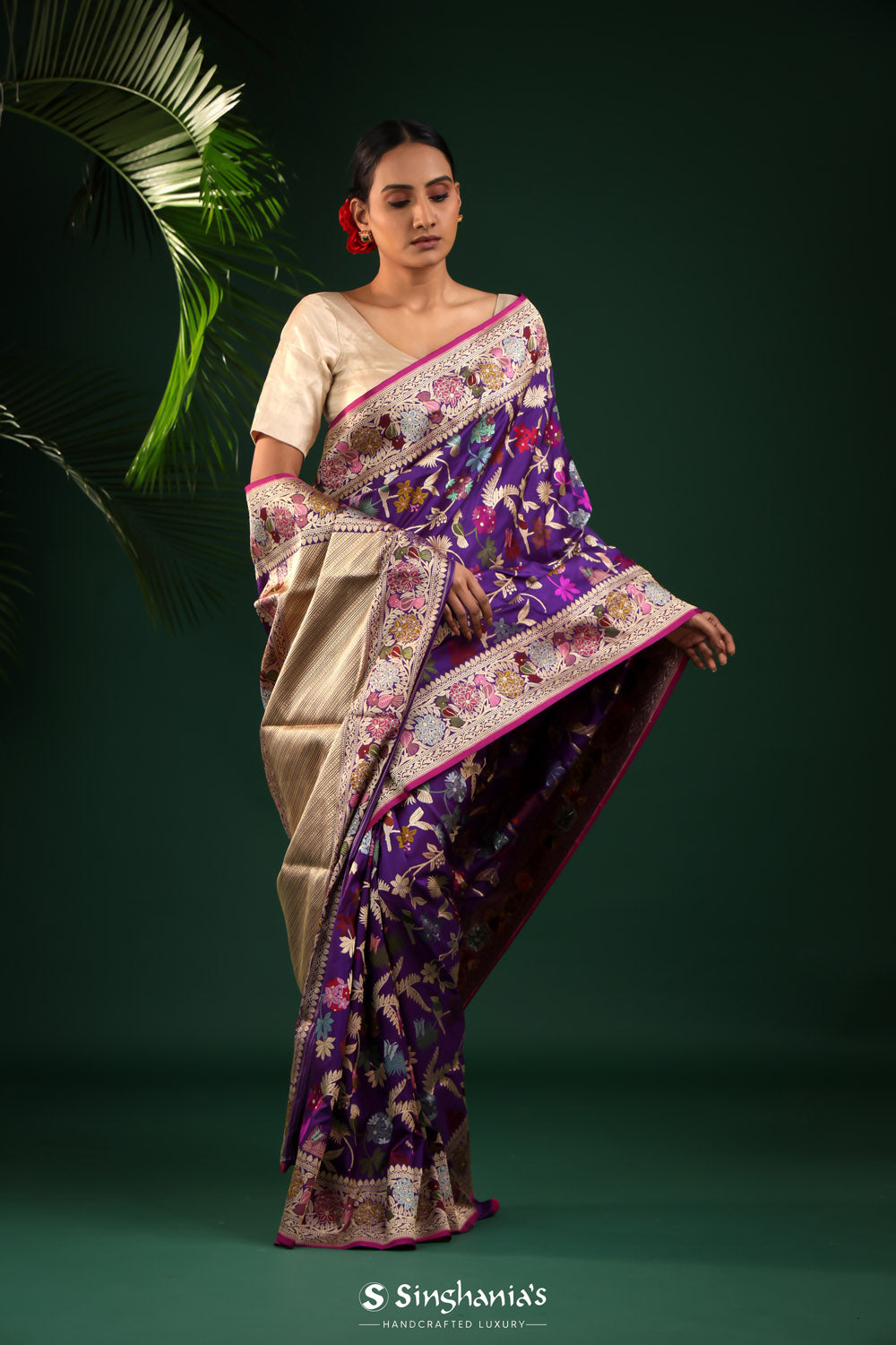 Grape Purple Banarasi Silk Saree With Floral-Bird Design