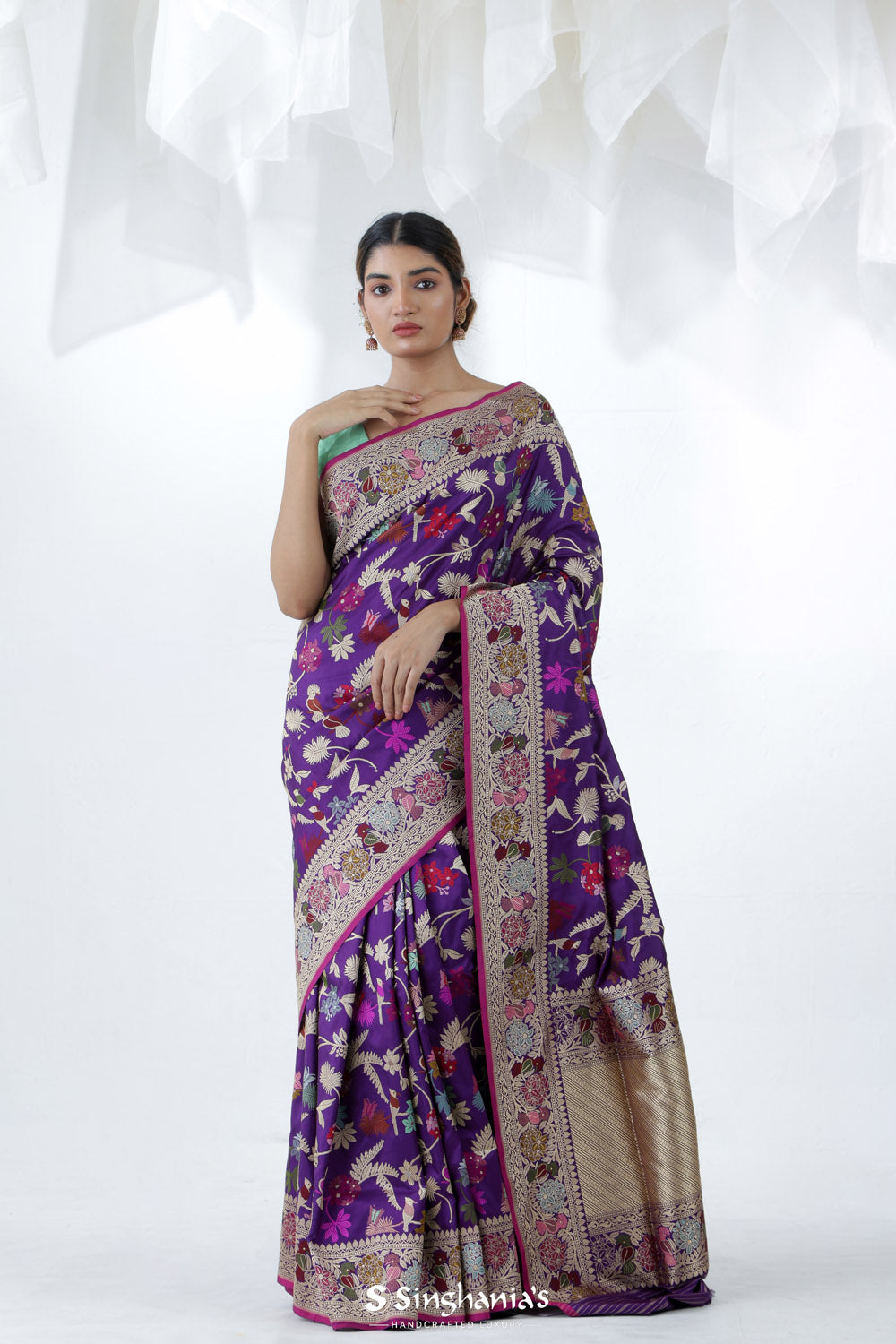 Ocean Purple Banarasi Silk Saree With Floral Bird Design