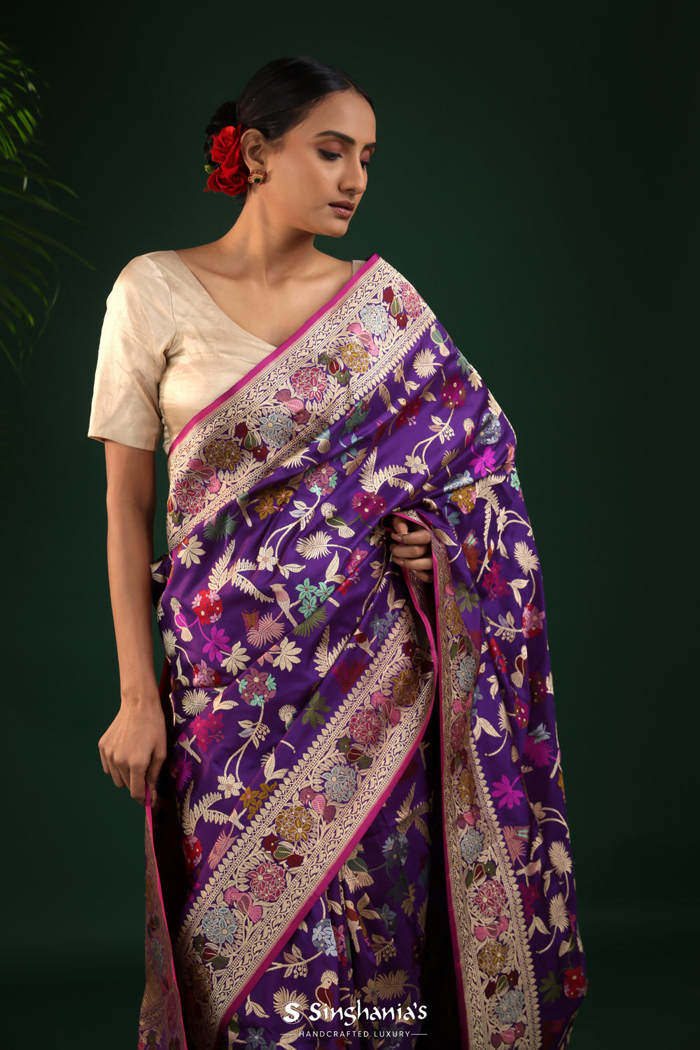 Grape Purple Banarasi Silk Saree With Floral-Bird Design