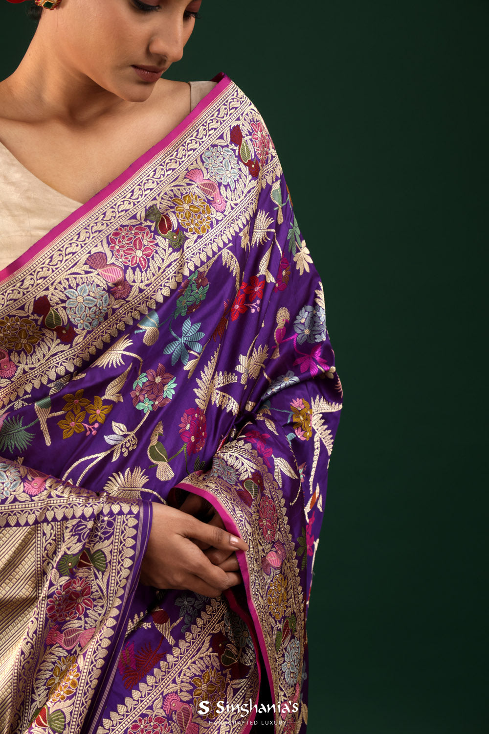 Grape Purple Banarasi Silk Saree With Floral-Bird Design