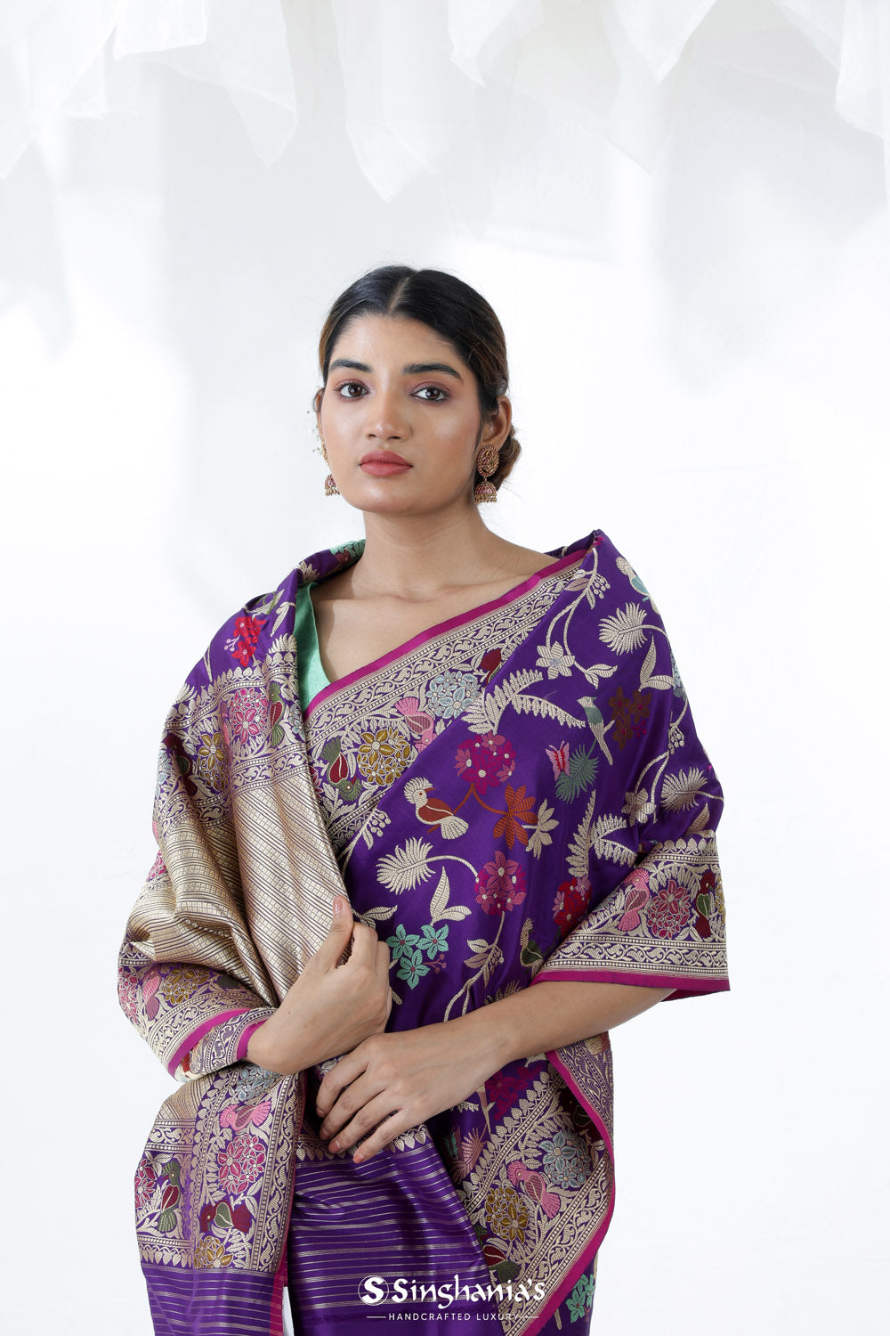 Ocean Purple Banarasi Silk Saree With Floral Bird Design