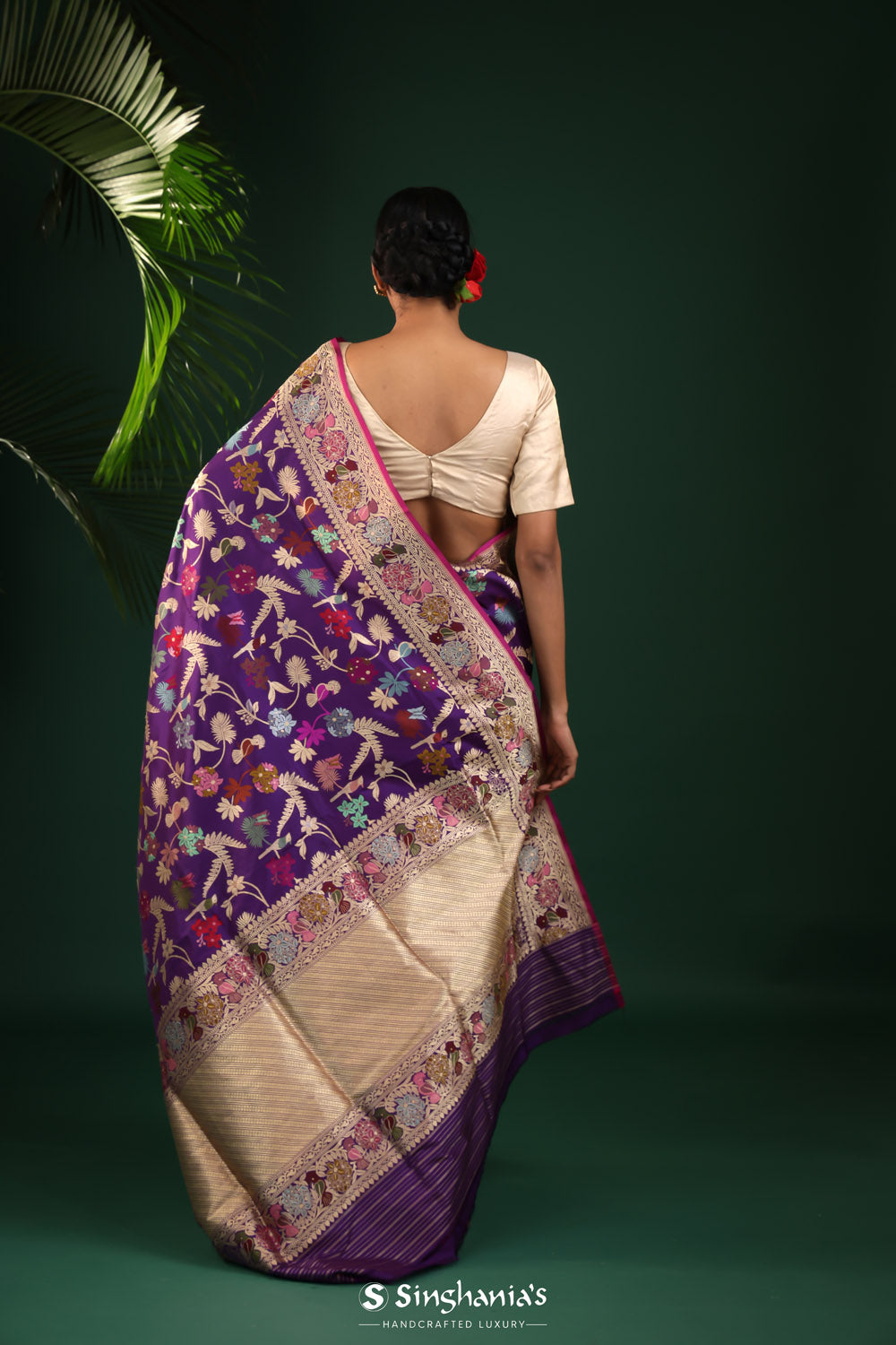 Grape Purple Banarasi Silk Saree With Floral-Bird Design