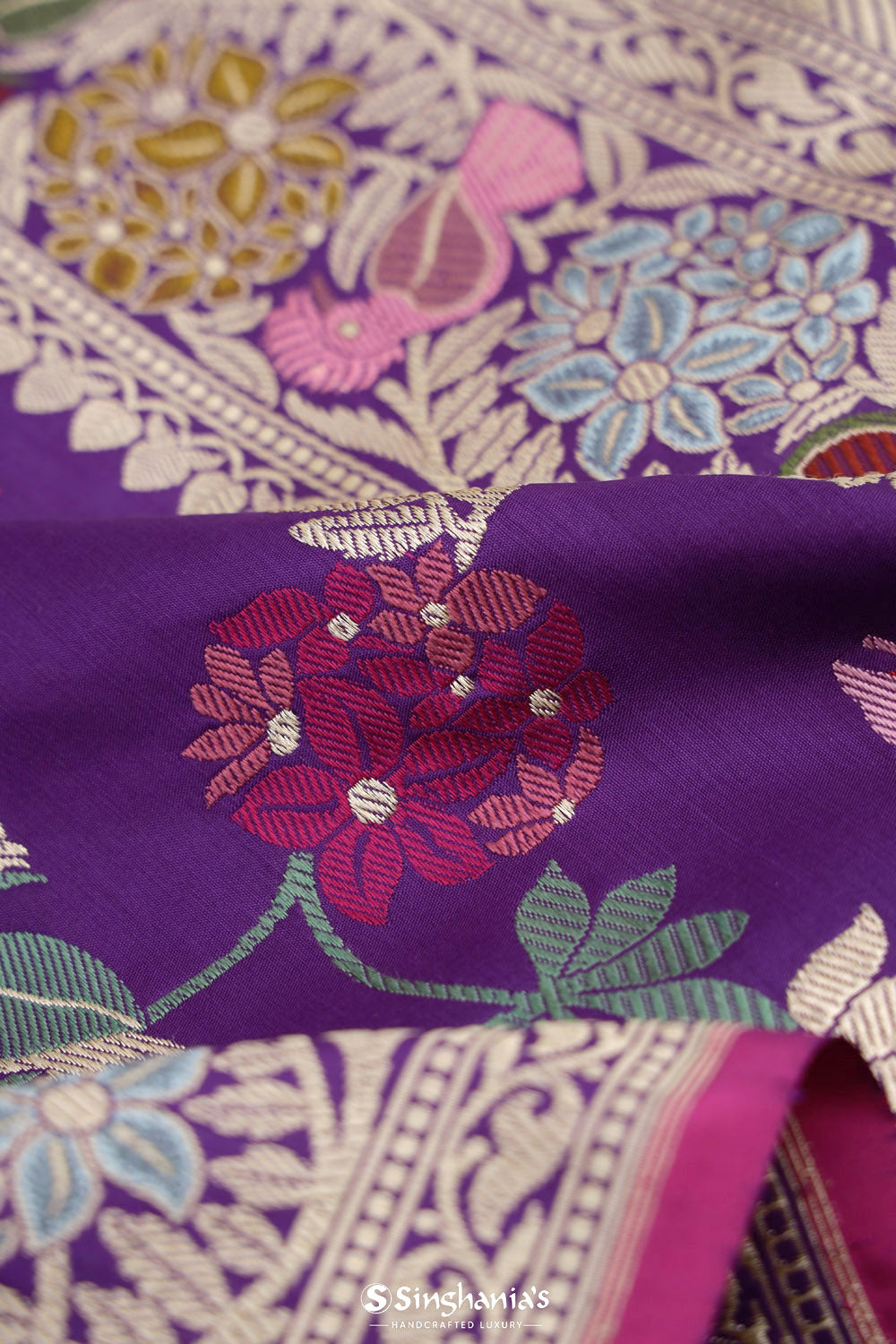 Ocean Purple Banarasi Silk Saree With Floral Bird Design