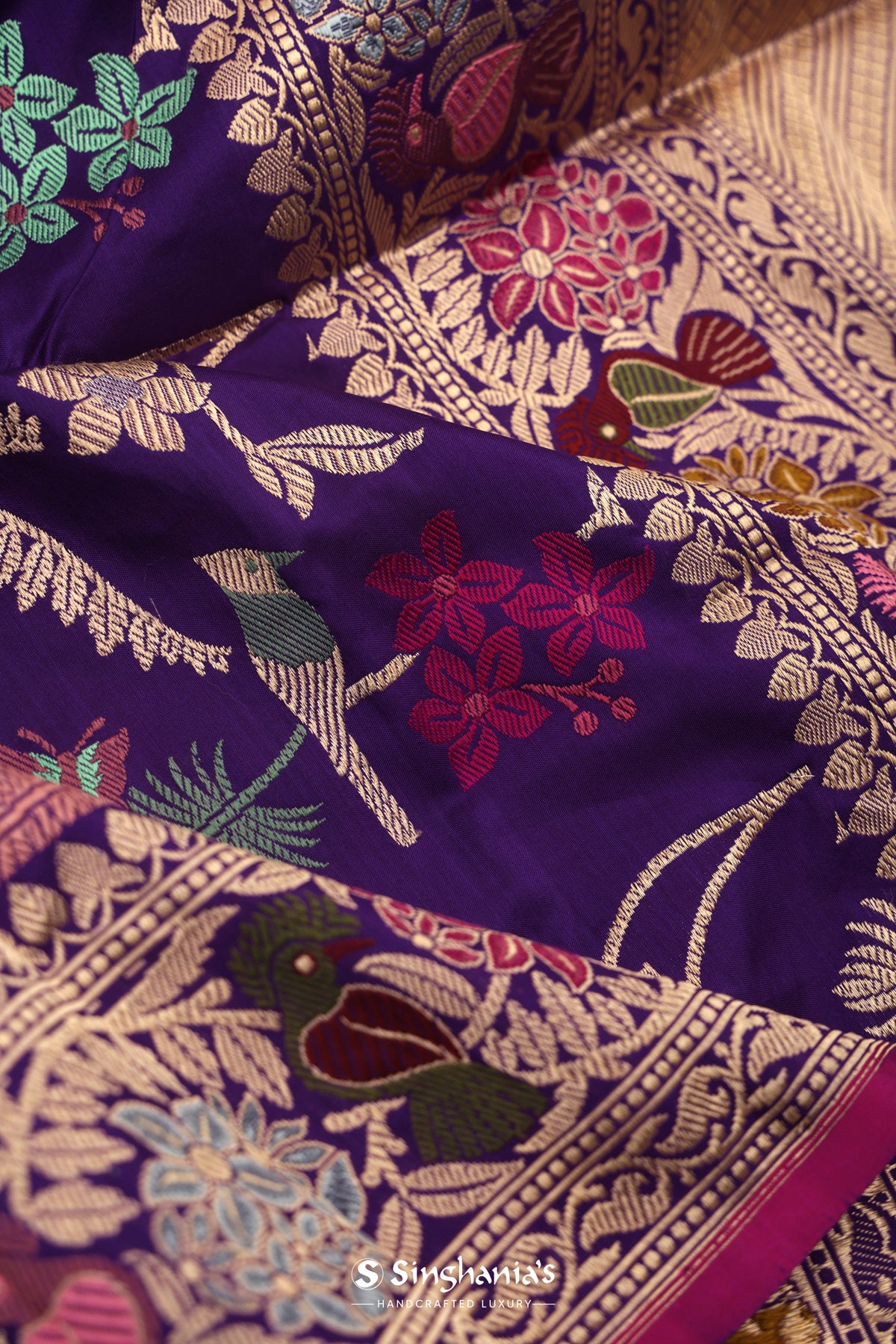 Grape Purple Banarasi Silk Saree With Floral-Bird Design