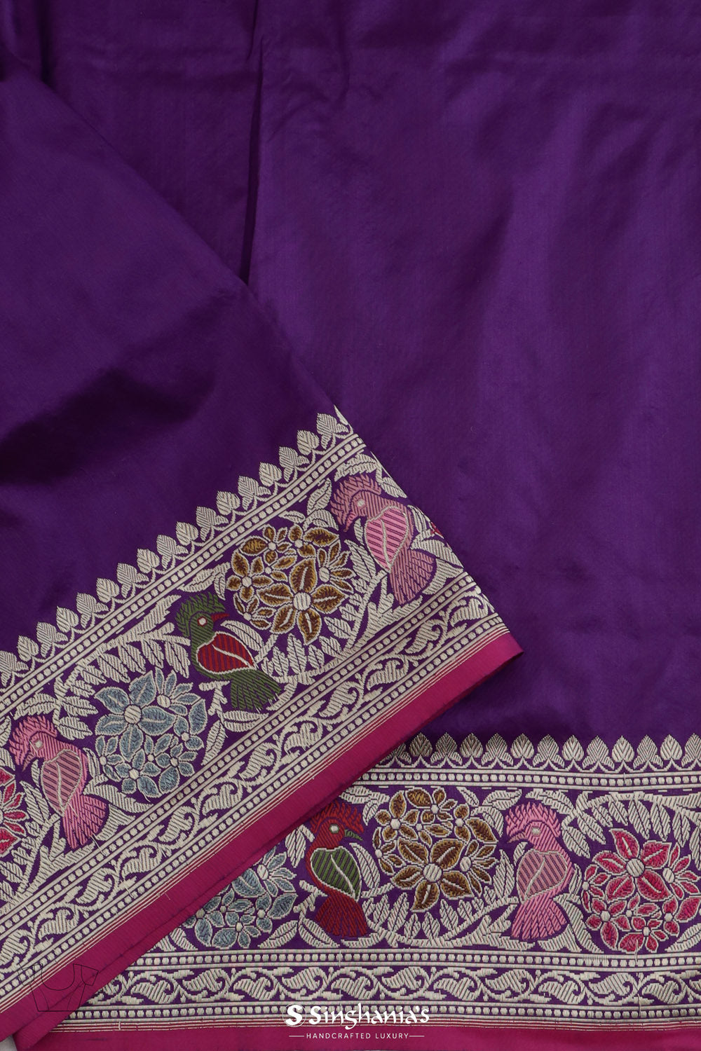 Ocean Purple Banarasi Silk Saree With Floral Bird Design