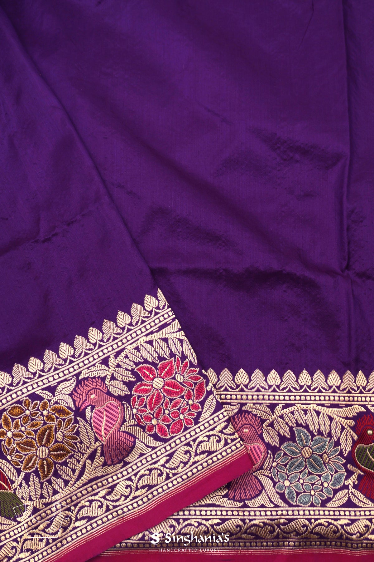 Grape Purple Banarasi Silk Saree With Floral-Bird Design