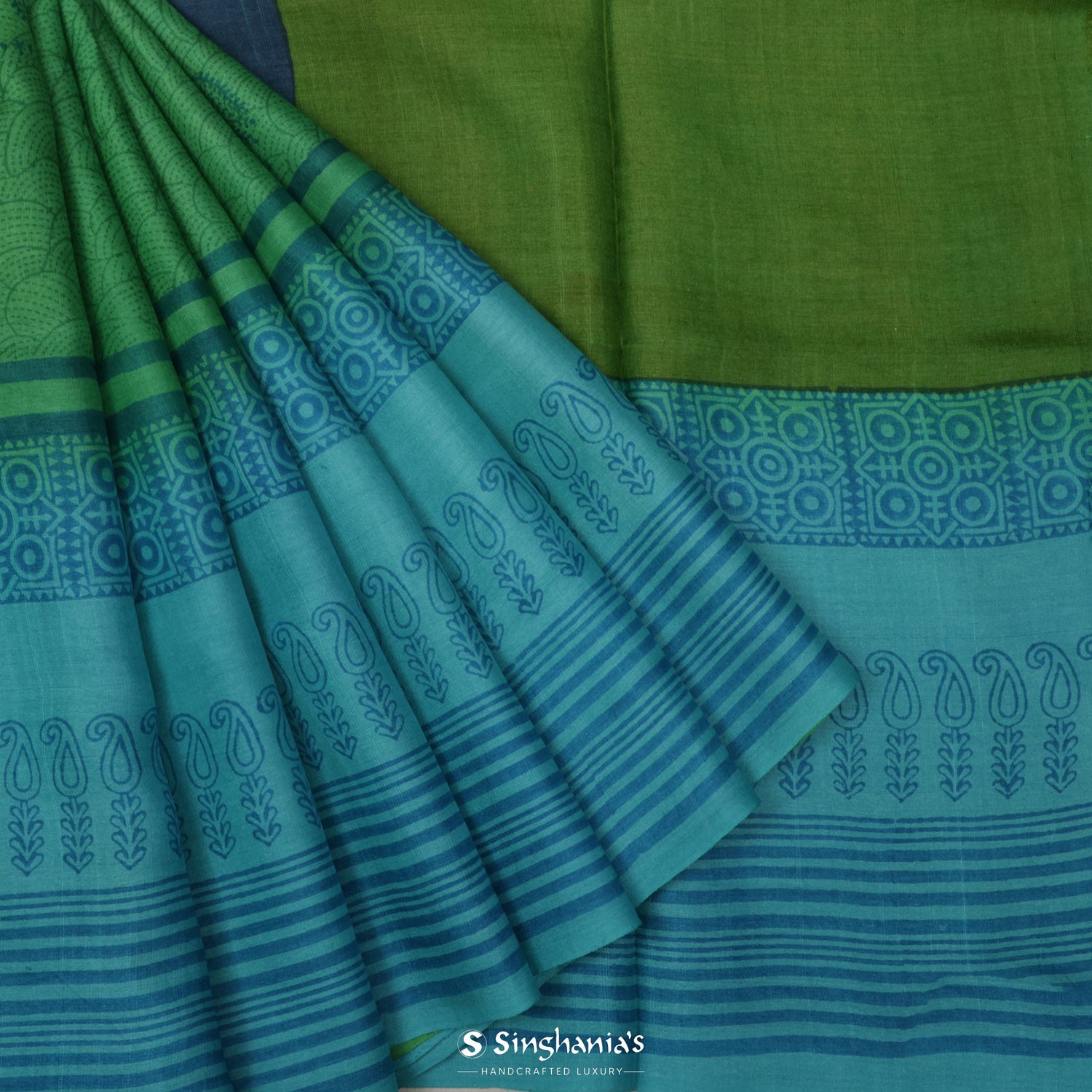 Mint Green Printed Tussar Silk Saree With Floral-Abstract Pattern