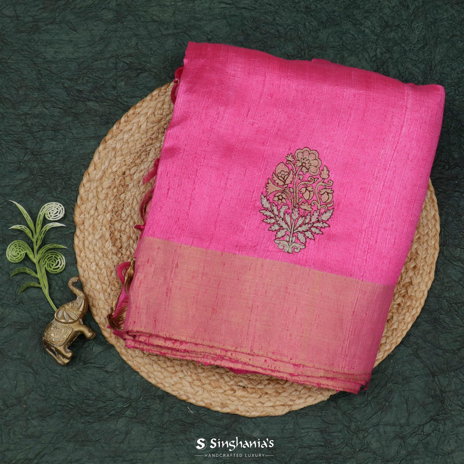 Hot Pink Dupion Saree With Thread Embroidery