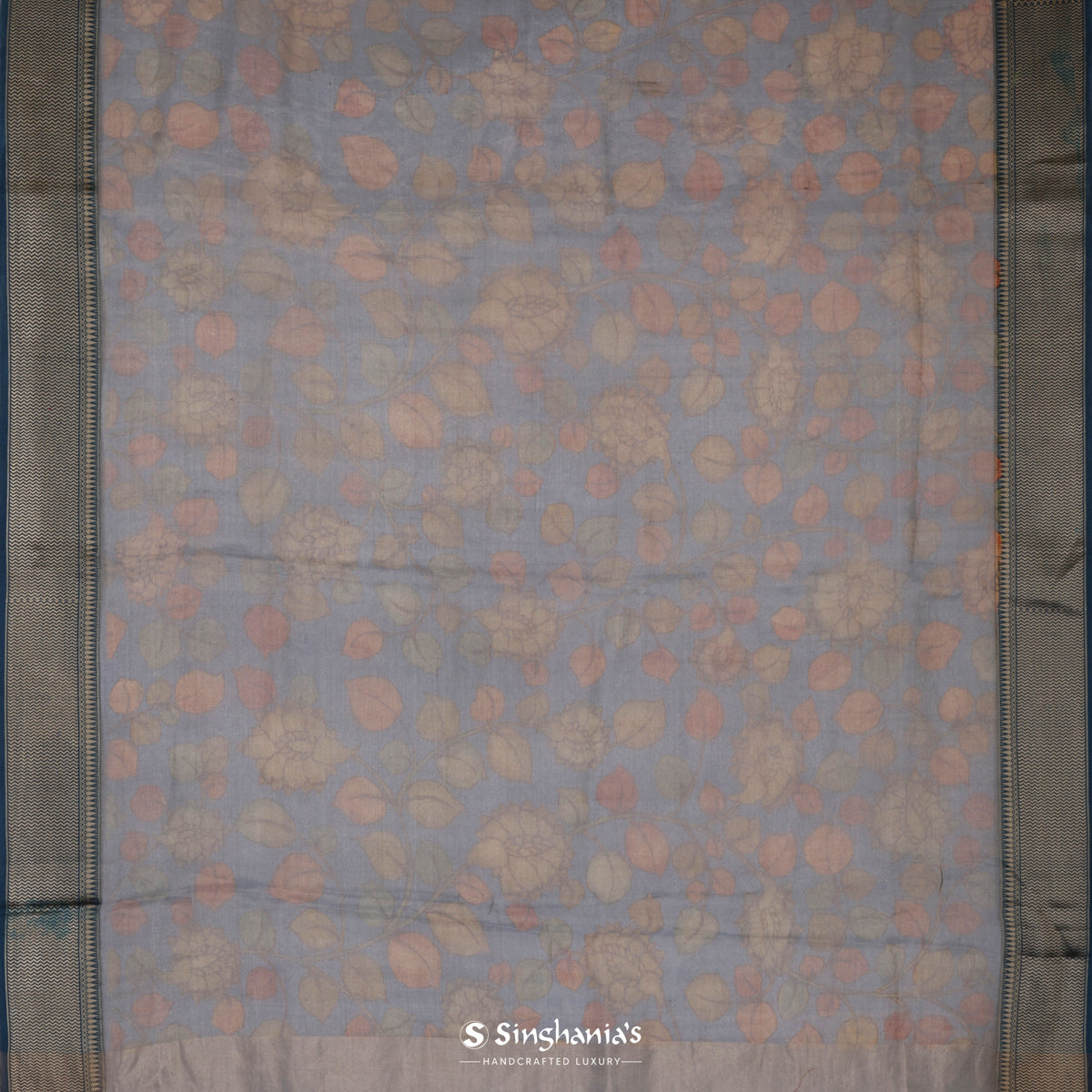 Coffee Brown Printed Tissue Saree With Floral Pattern