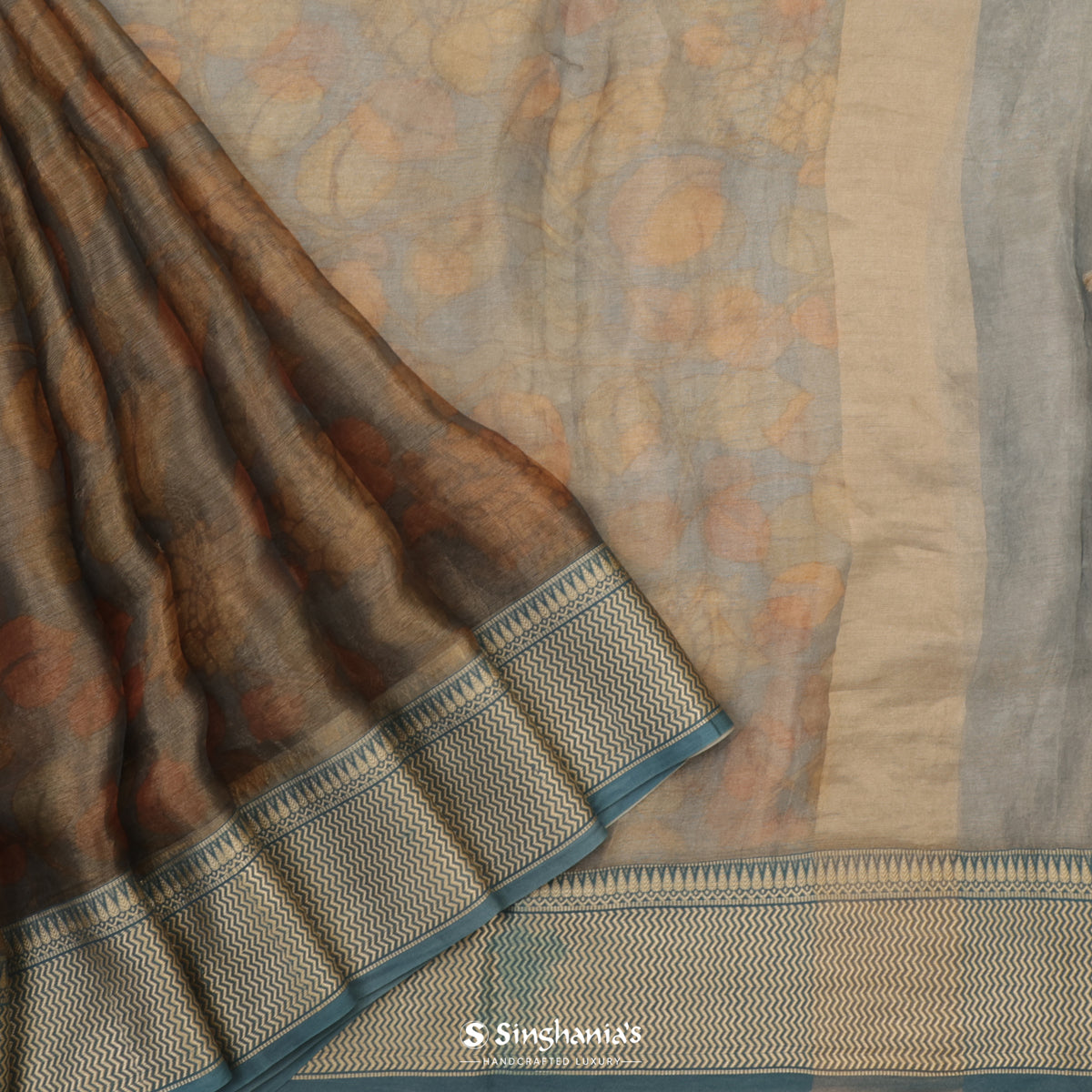 Coffee Brown Printed Tissue Saree With Floral Pattern