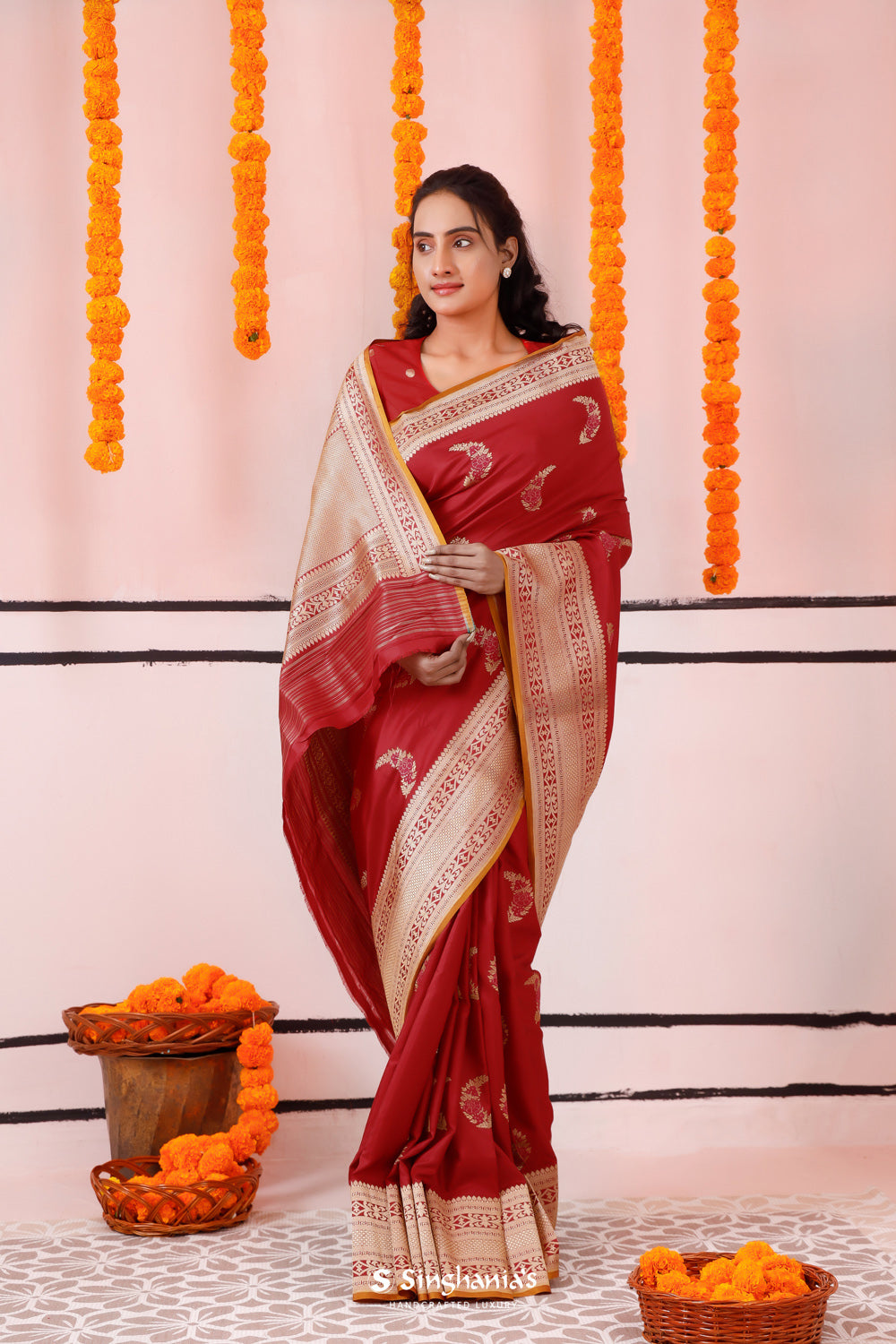 Ruby Pink Banarasi Silk Saree With Meenakari Butta