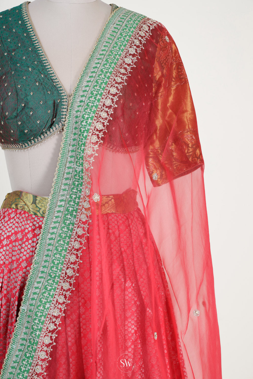 Desire Red-Green Silk Lehenga Set With Zari Weaving