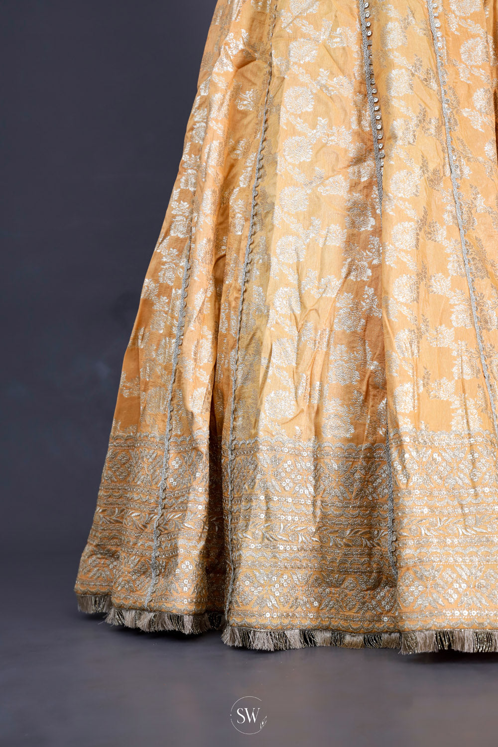 Apricot Peach Silk Lehenga Set With Zari Weaving