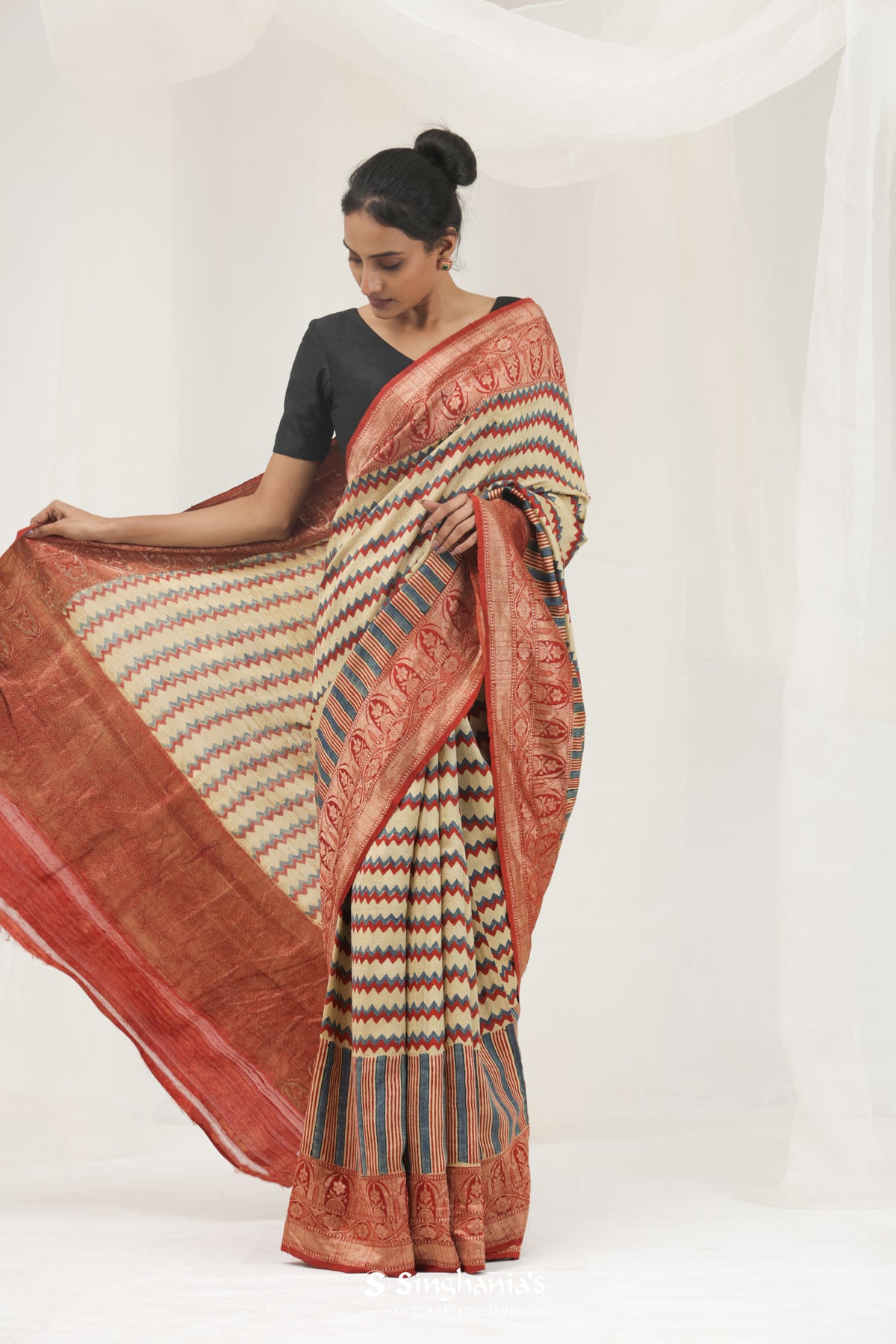 Beige Yellow Printed Ajrakh Silk Saree With Chevron Pattern