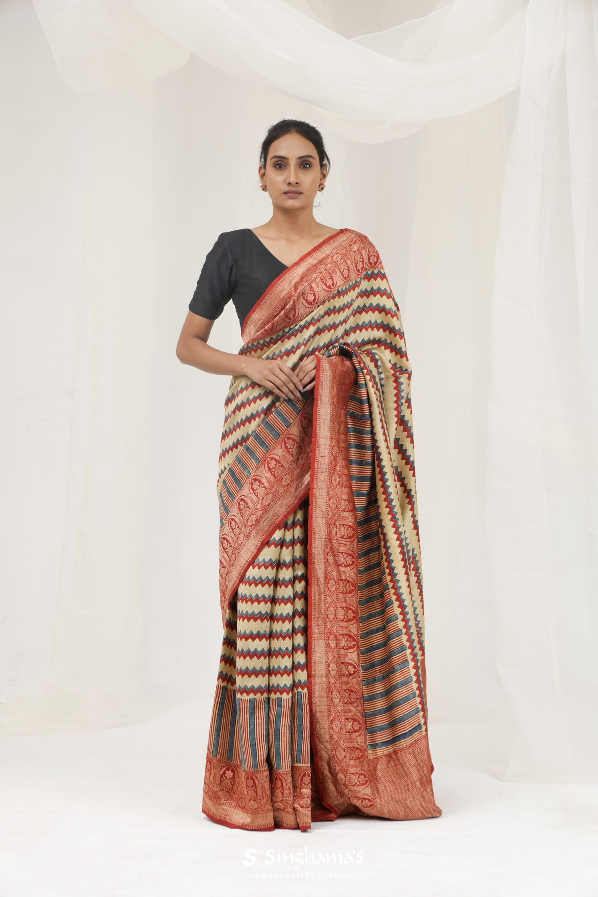 Beige Yellow Printed Ajrakh Silk Saree With Chevron Pattern